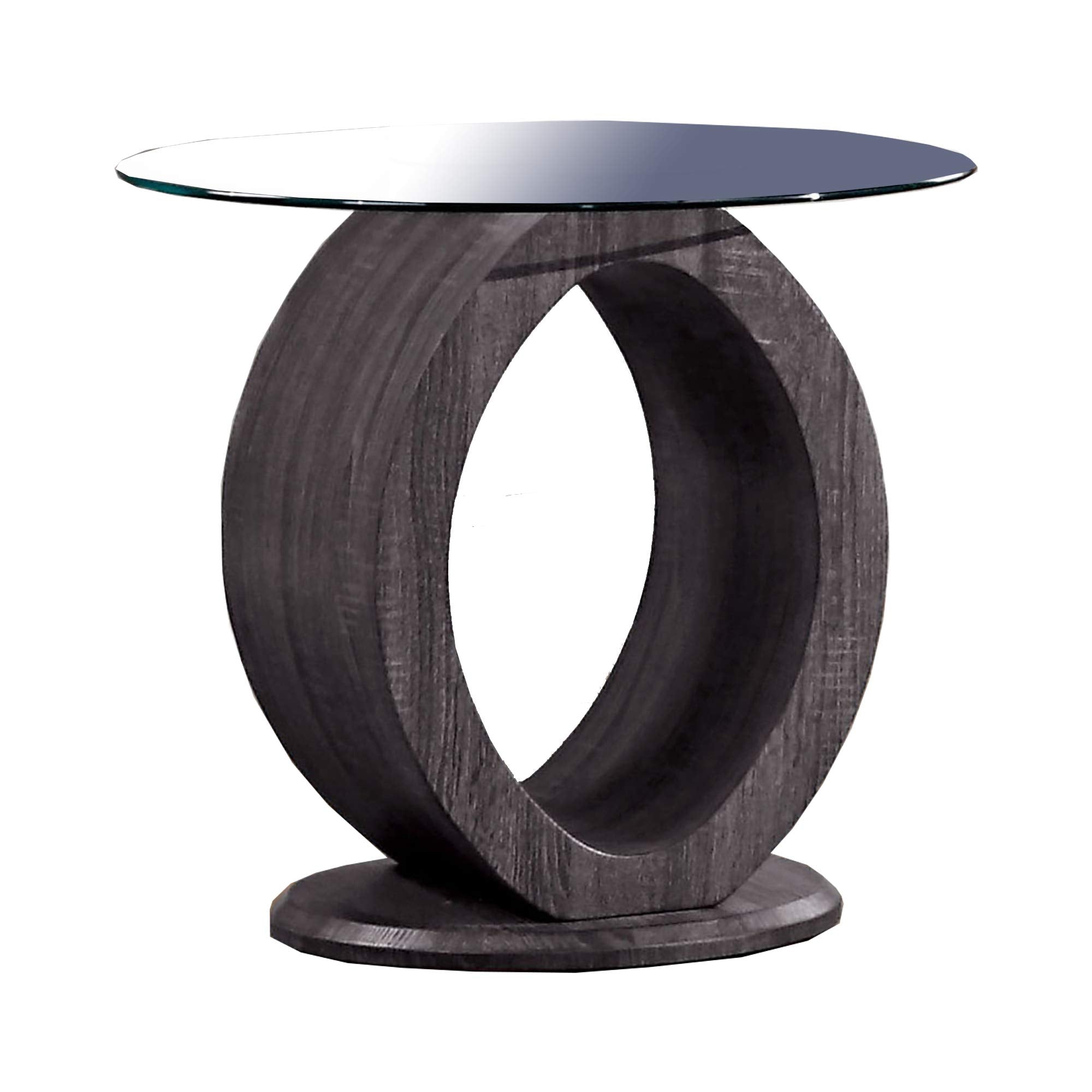 Benjara Tempered Glass Top End Table With O Wooden Shape Base, Gray