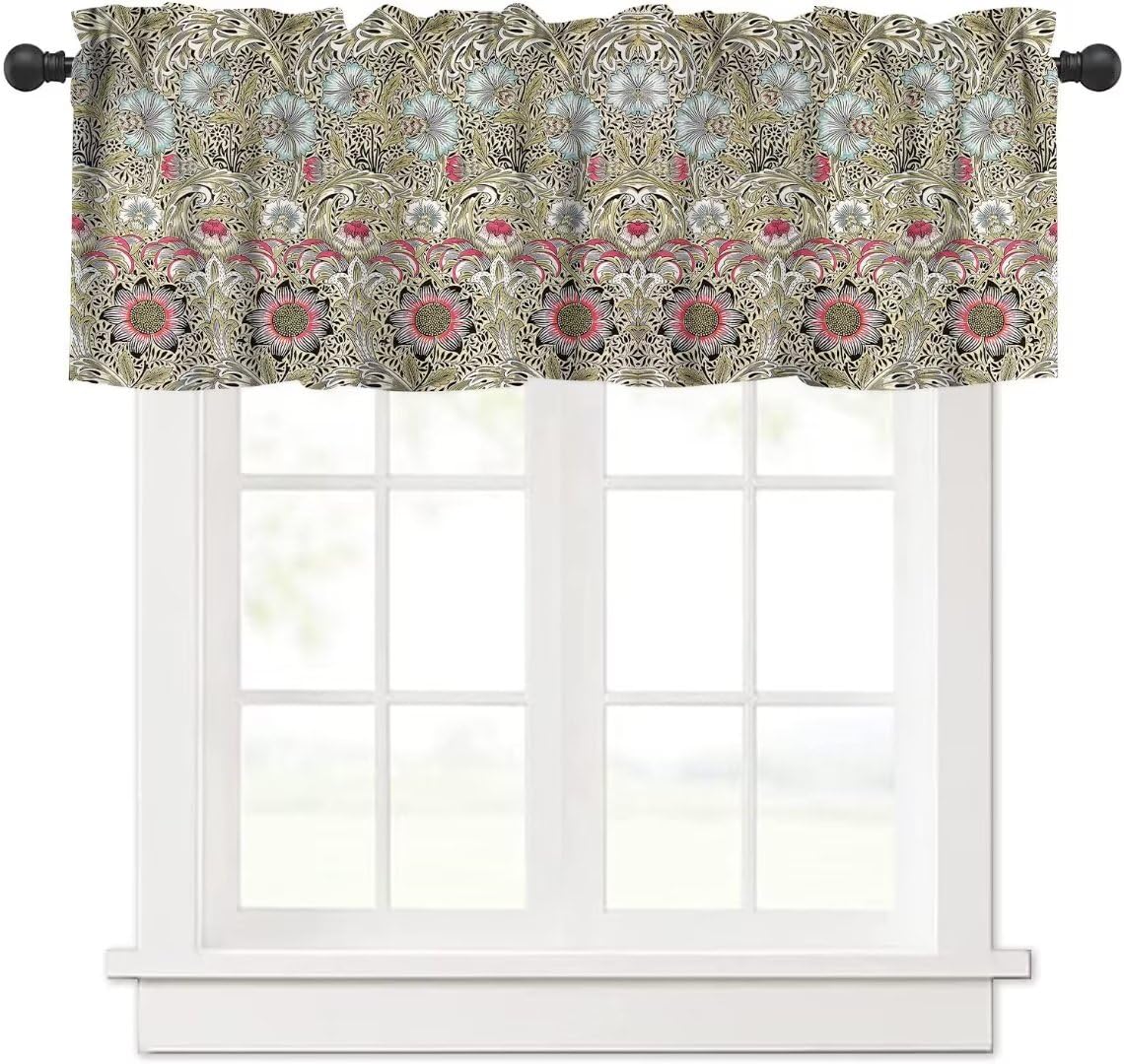 Shelifestyle Retro Boho Floral Window Valance Curtain, William Morris Vintage Flowers Botanical Corncockle Window Treatment Vala