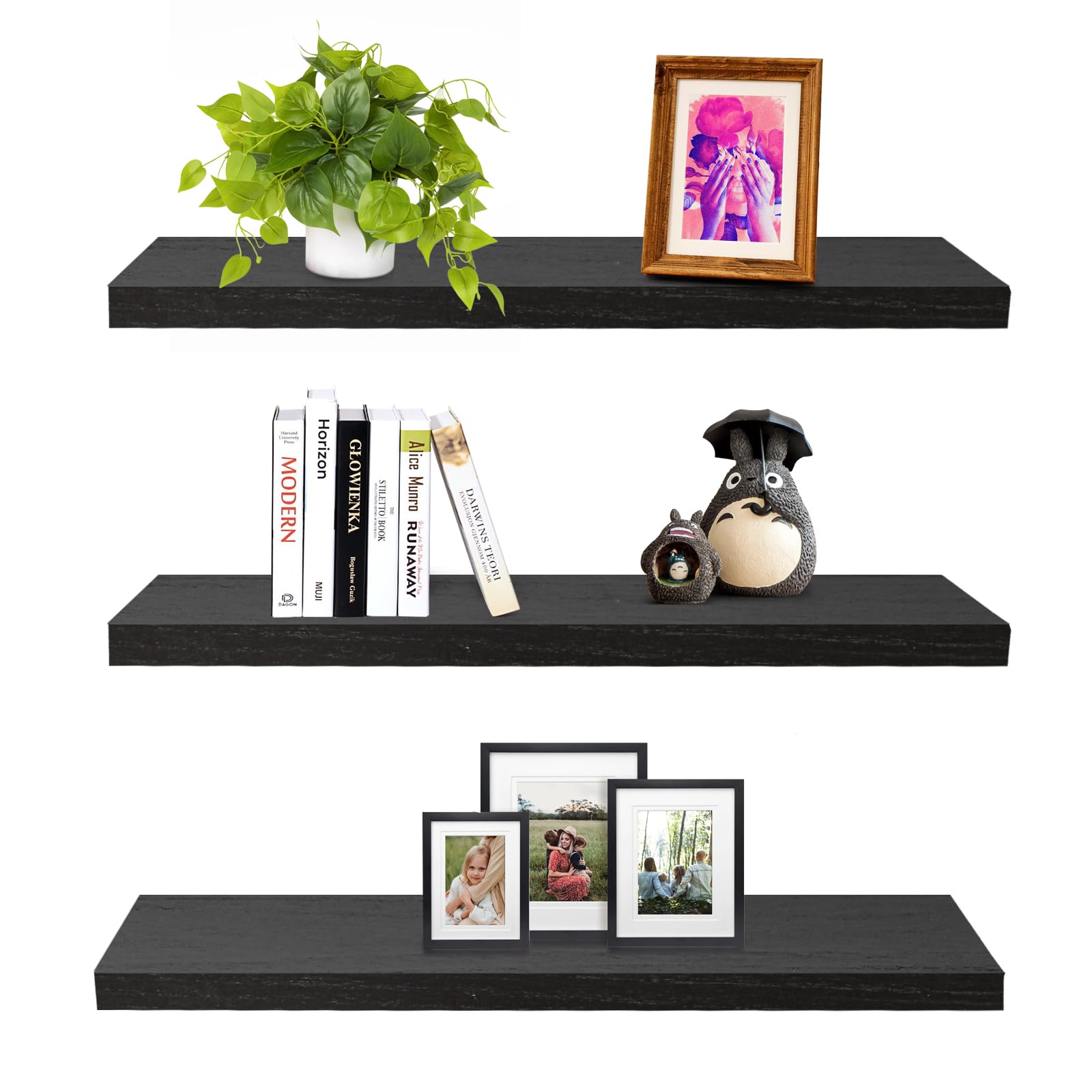 SAUMONIERES Floating Wall Shelves for Bedroom Bathroom Wall Mounted Solid Wood Shelf 24 Inch Set of 3, Black Floating Shelves