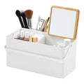 YAMAZAKI Home Tower Large Makeup Organizer Cosmetic Caddy with Handle Vanity Storage Drawer with Lid - Steel + Wood -,White