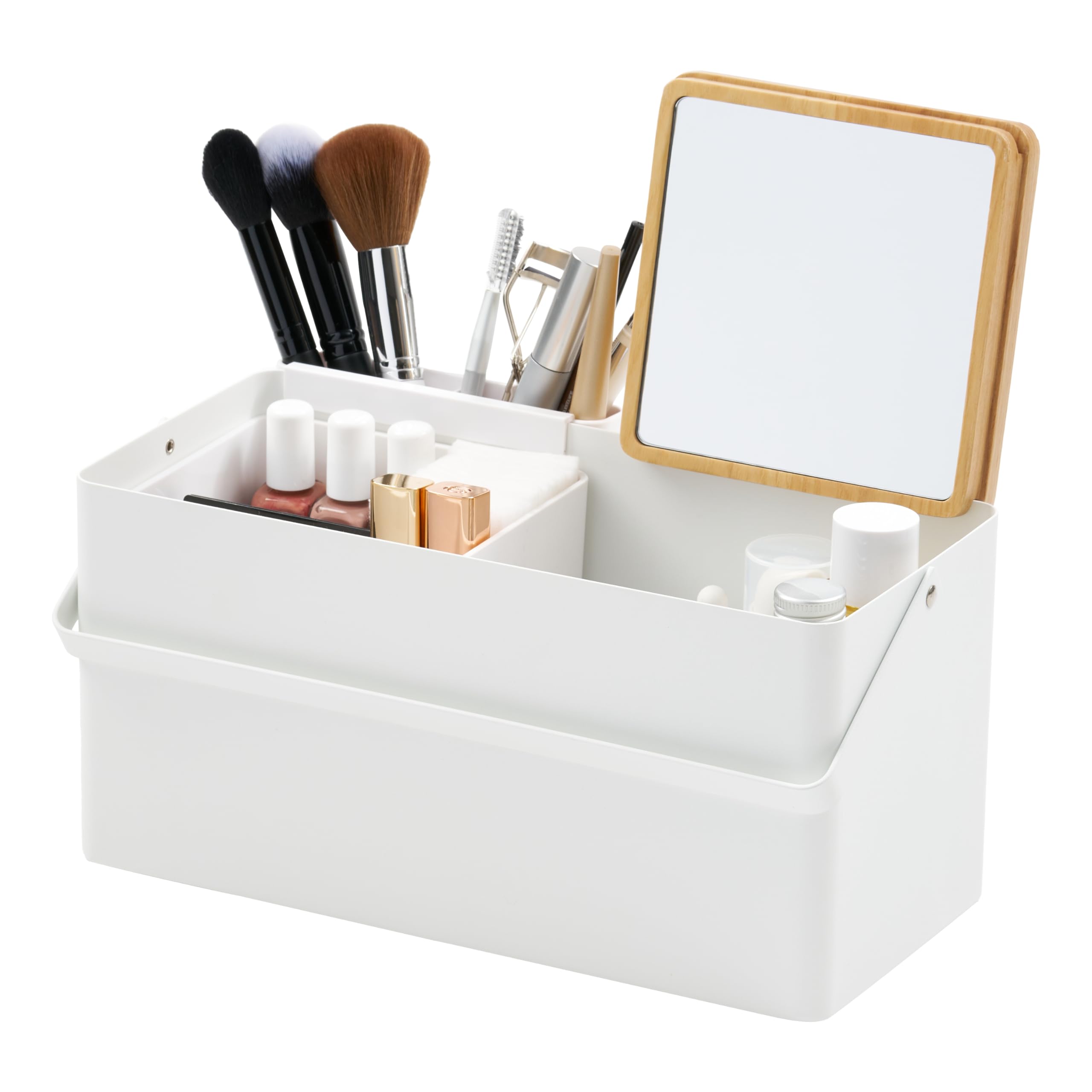 YAMAZAKI Home Tower Large Makeup Organizer Cosmetic Caddy with Handle Vanity Storage Drawer with Lid - Steel + Wood -,White