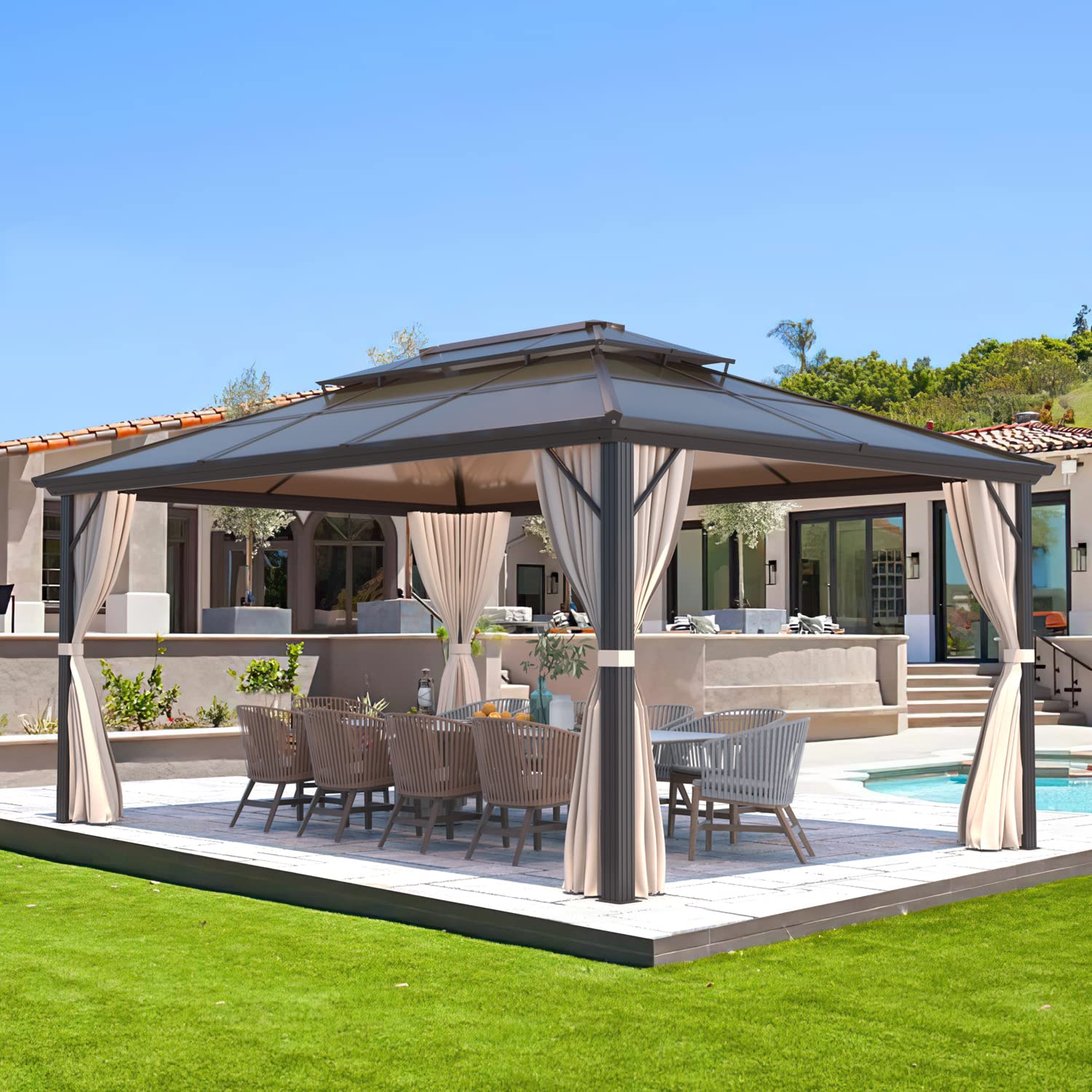 Erommy 10' X 13' Gazebo Polycarbonate Double Roof Canopy Outdoor Aluminum Frame Pergola, Permanent Pavilion With Netting And Cur