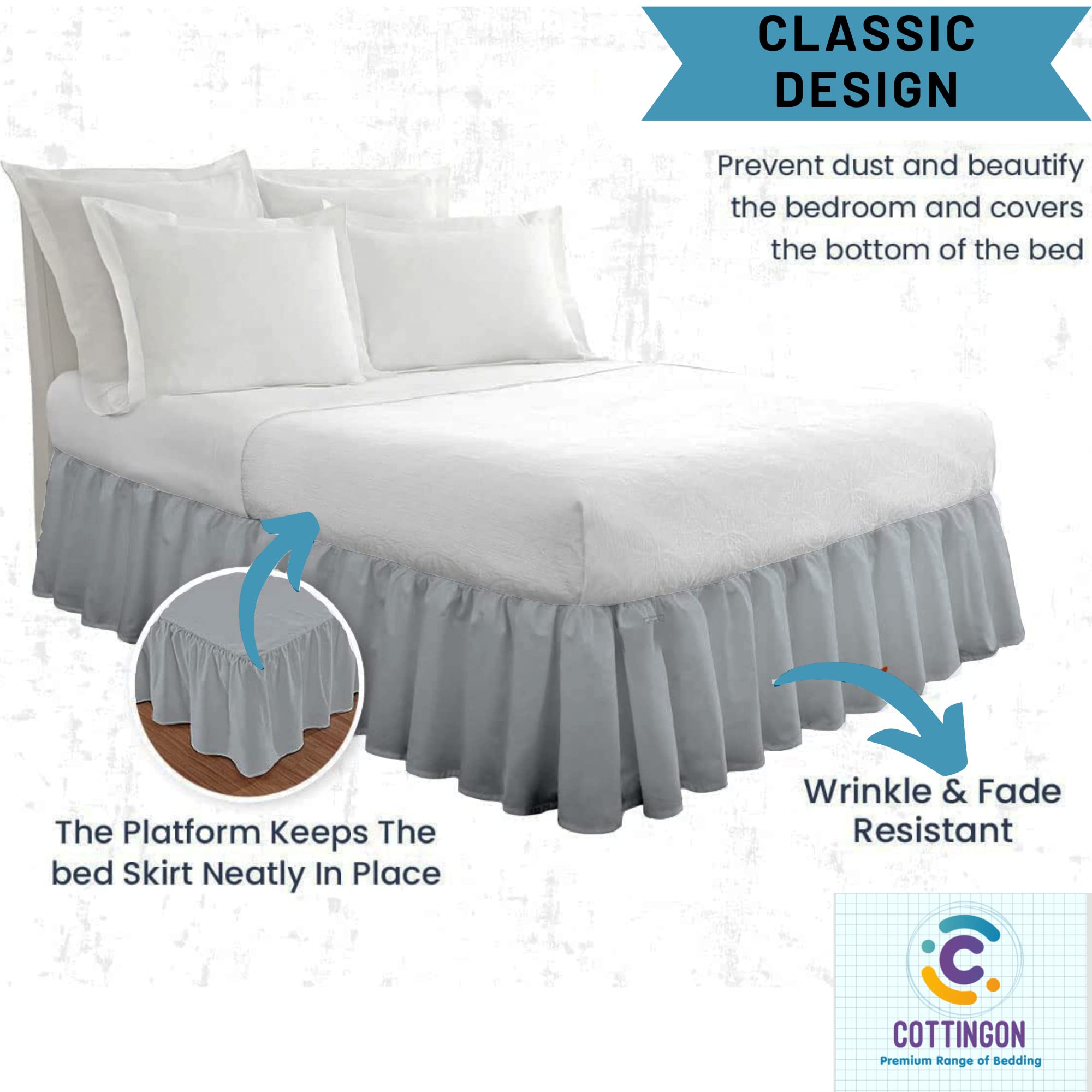 Ruffled Bed Skirt With Split Corners-Dust Ruffle - 14'' Drop 100% Microfiber Soft,Sheen & Luxurious Look - Bed Skirts (Light Gre