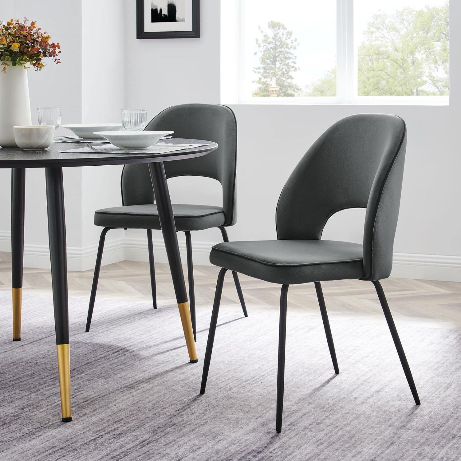 Modway Nico Performance Velvet Dining Chairs in Black Gray-Set of 2