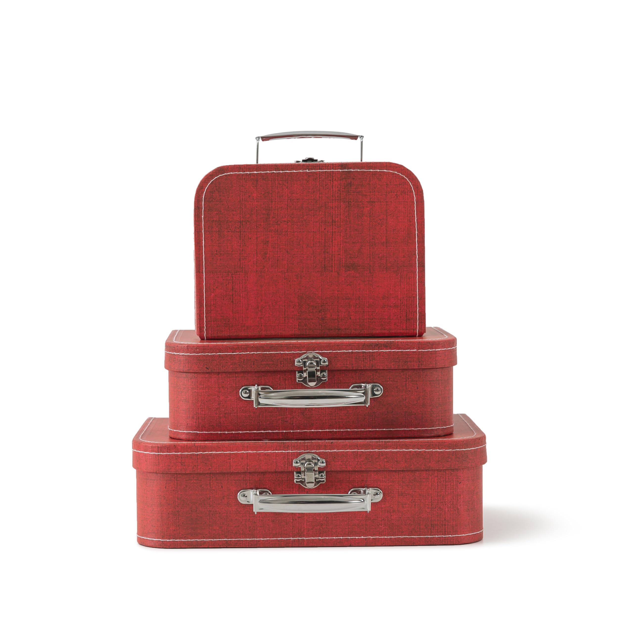 SLPR Cardboard Suitcase Boxes with Handle (Set of 3, Distressed Red) | Paperboard Boxes with Lids for Wedding Decoration Birthda