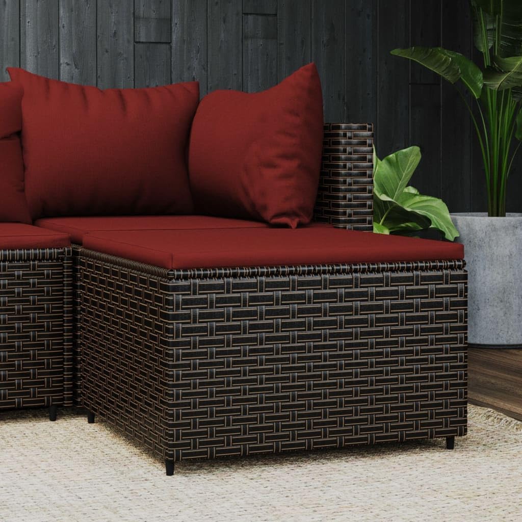 vidaXL Patio Footrest with Cushion Brown and Cinnamon Red - Weather-Resistant Poly Rattan Outdoor Footstool with Powder-Coated Steel Frame and Thick Padded Seat