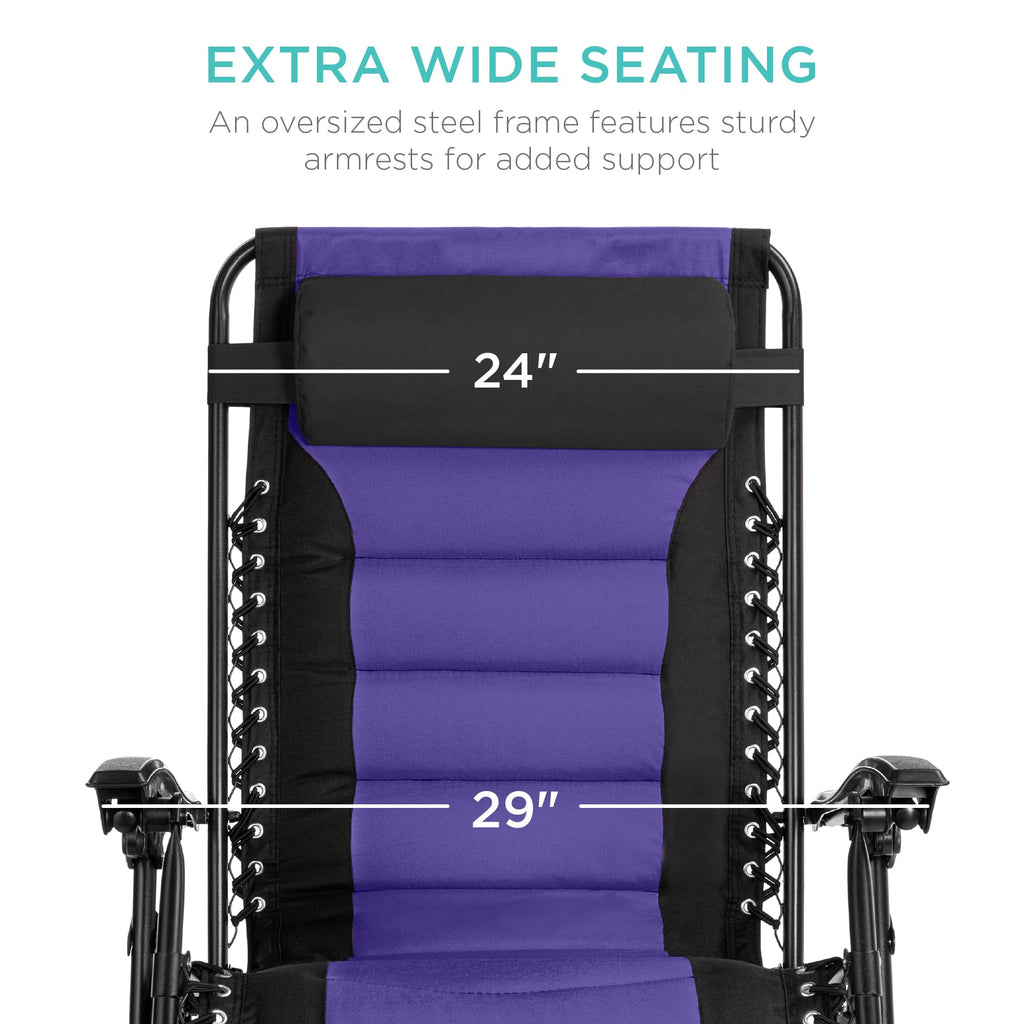 Best Choice Products Oversized Padded Zero Gravity Chair, Folding Outdoor Patio Recliner, Xl Anti Gravity Lounger For Backyard W/Headrest, Cup Holder, Side Tray, Polyester Mesh - Black/Purple