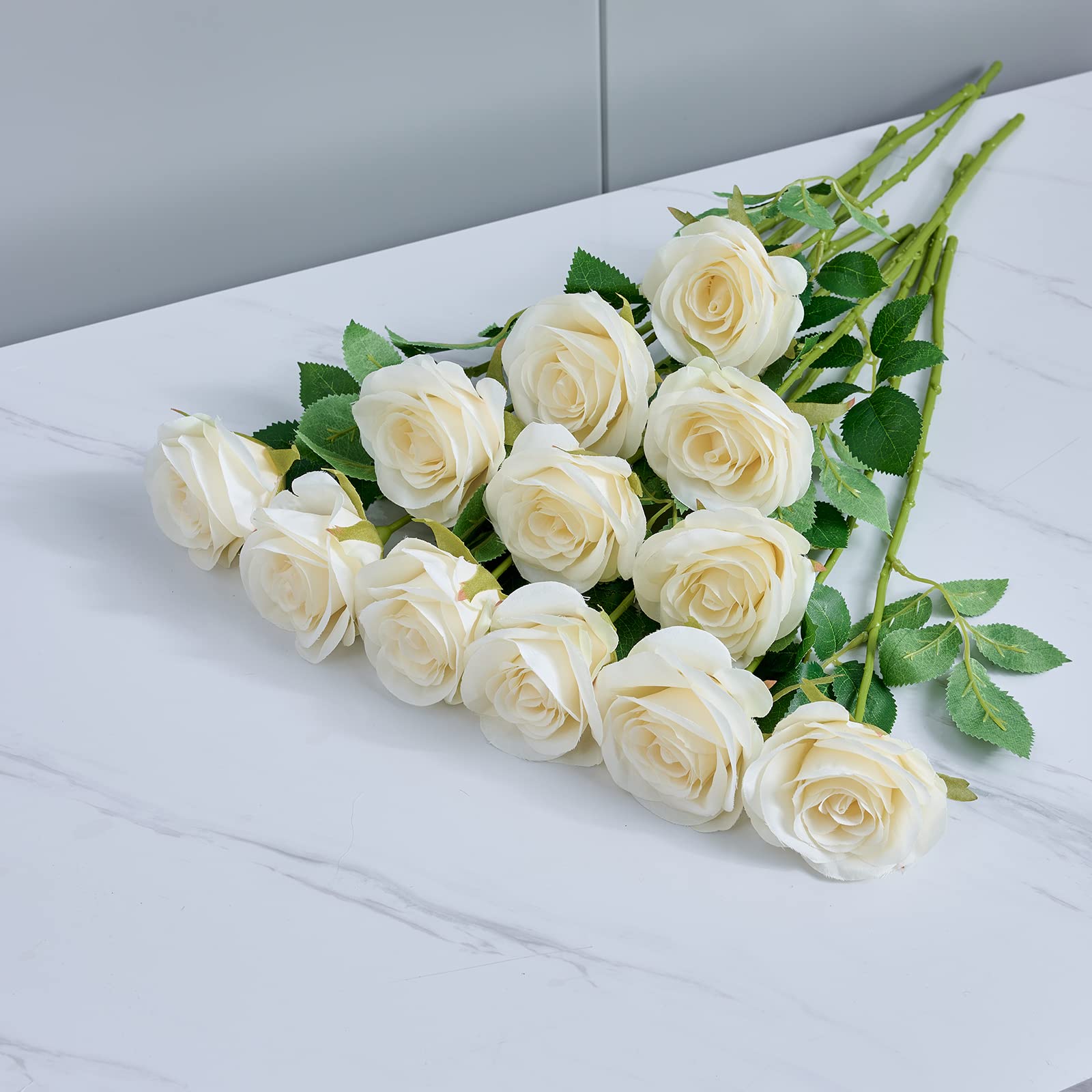 Helera 12Pcs Ivory Roses Artificial Flowers Silk Flowers Fake Roses With Long Stems For Wedding Decor Home Decor Baby Shower Par