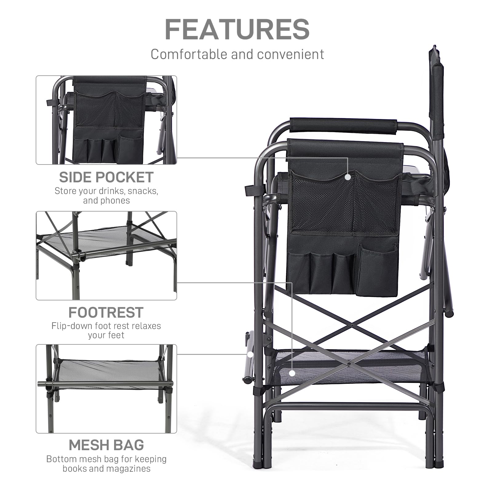 Ever Advanced 30.7' Seat Height Directors Chair For Makeup Artist With Side Table Easy Get In Out For Elderly Tall Camping Chair Supports 350Lbs Black