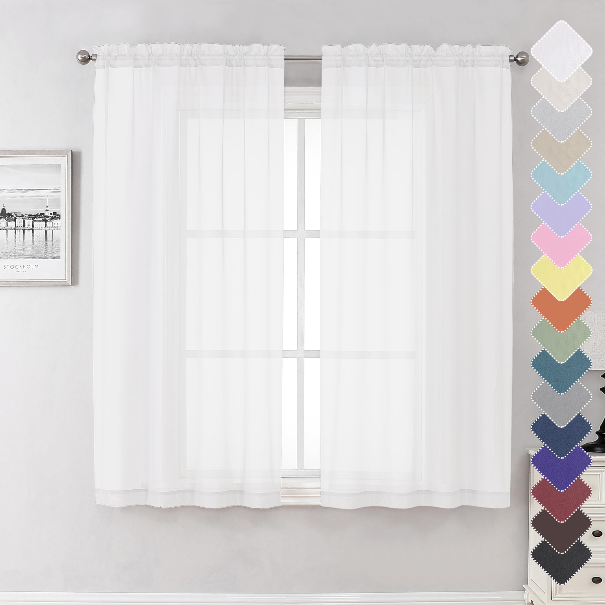 Lecloud White Sheer Curtains 63 Inch Long 2 Panels, Elegant Voile Drapes For Dinning Small Windows, Light Filtering Gauzy Curtai