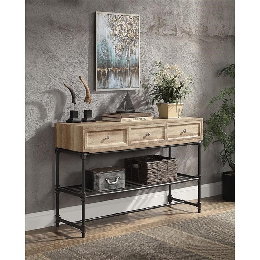 Acme Brantley 3-Drawer Wooden Rectangular Sofa Table in Oak and Sandy Black