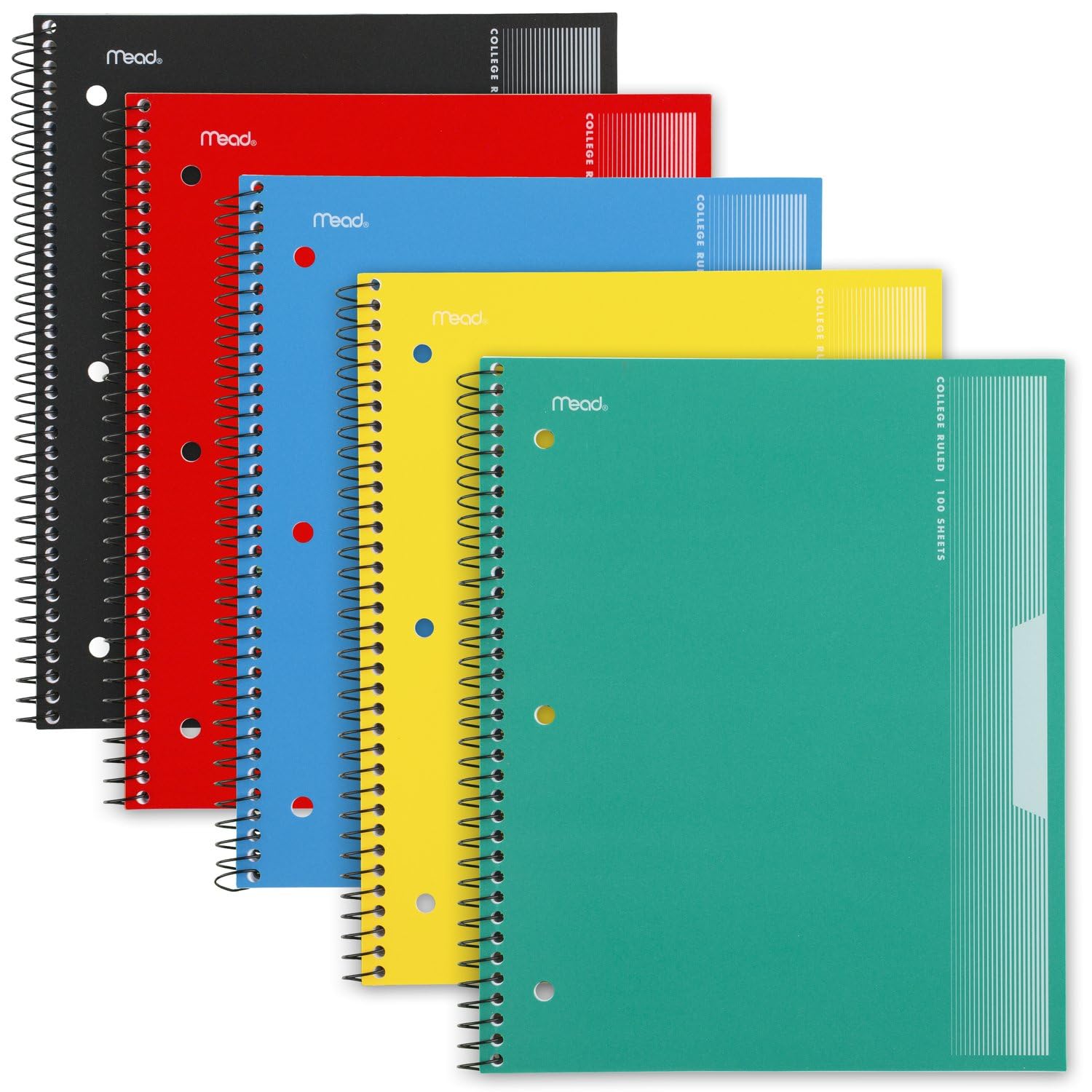 Mead Spiral Notebooks, Pack Of 5, 1-Subject, College Ruled Paper, Plastic Cover, 8-1/2' X 11', 100 Sheets, Black, Yellow, Red,