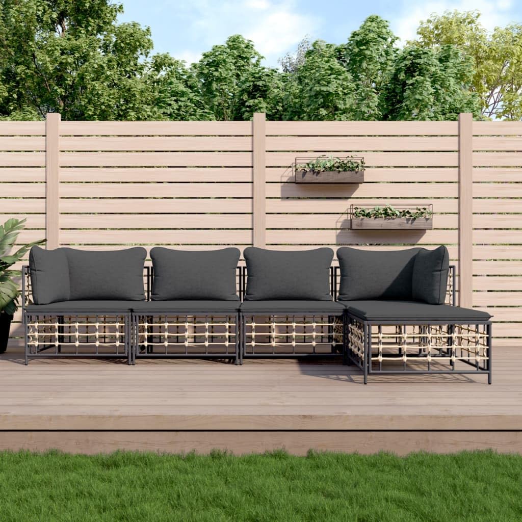 vidaXL 5-Piece Patio Lounge Set - Anthracite Poly Rattan - with Cushions and Footstool - Modular Design - Ideal for Outdoor Seating - Weather-Resistant - Dark Grey Color