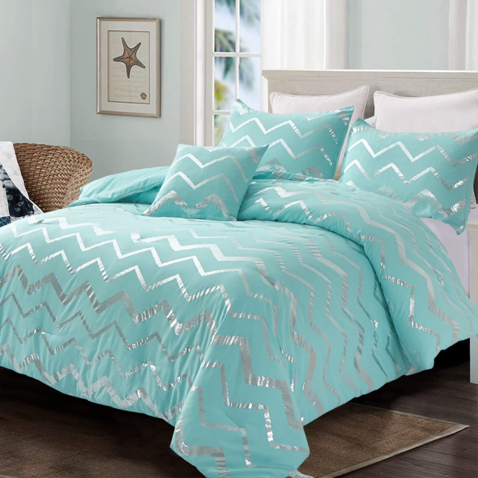 Menghomeus Aqua Comforter Set Twin Size Metallic Teal and Silver Bedding Set, 3 Piece Lightweight Microfiber Comforter for Teen 