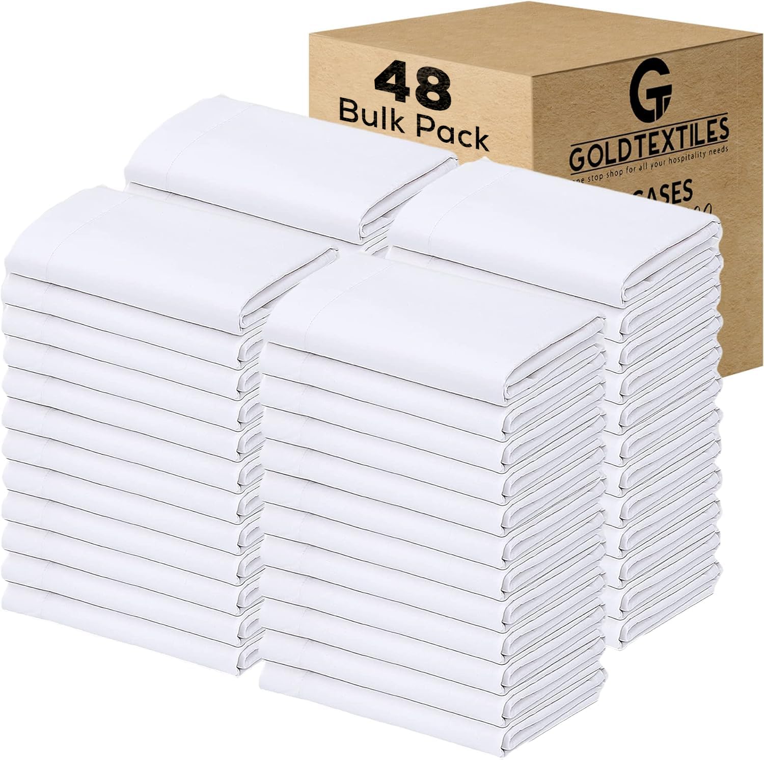Gold Textiles Bulk Pack Of 48 Polycotton Standard Size Pillowcases, White T200-21'X32' (Fits Up-To 20' X 28' Pillow)- Ideal