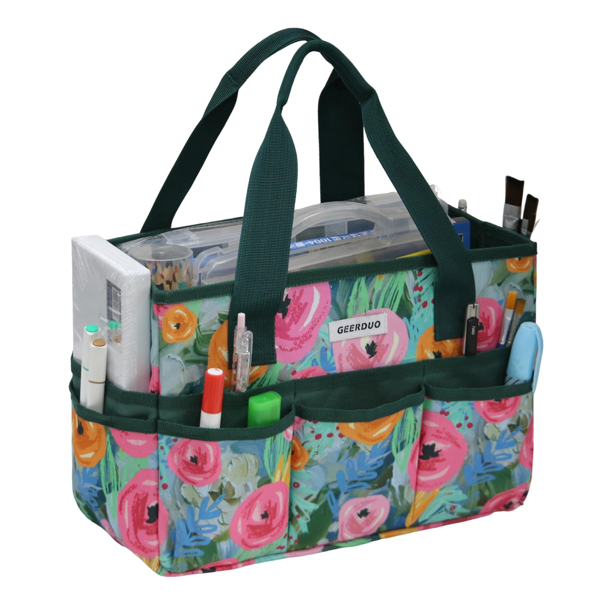 JLDTOP Craft Organizer Tote Bag Art Caddy with Multi-Pockets for Office Supplies Scrapbooking Sewing Storage (Green Floral)