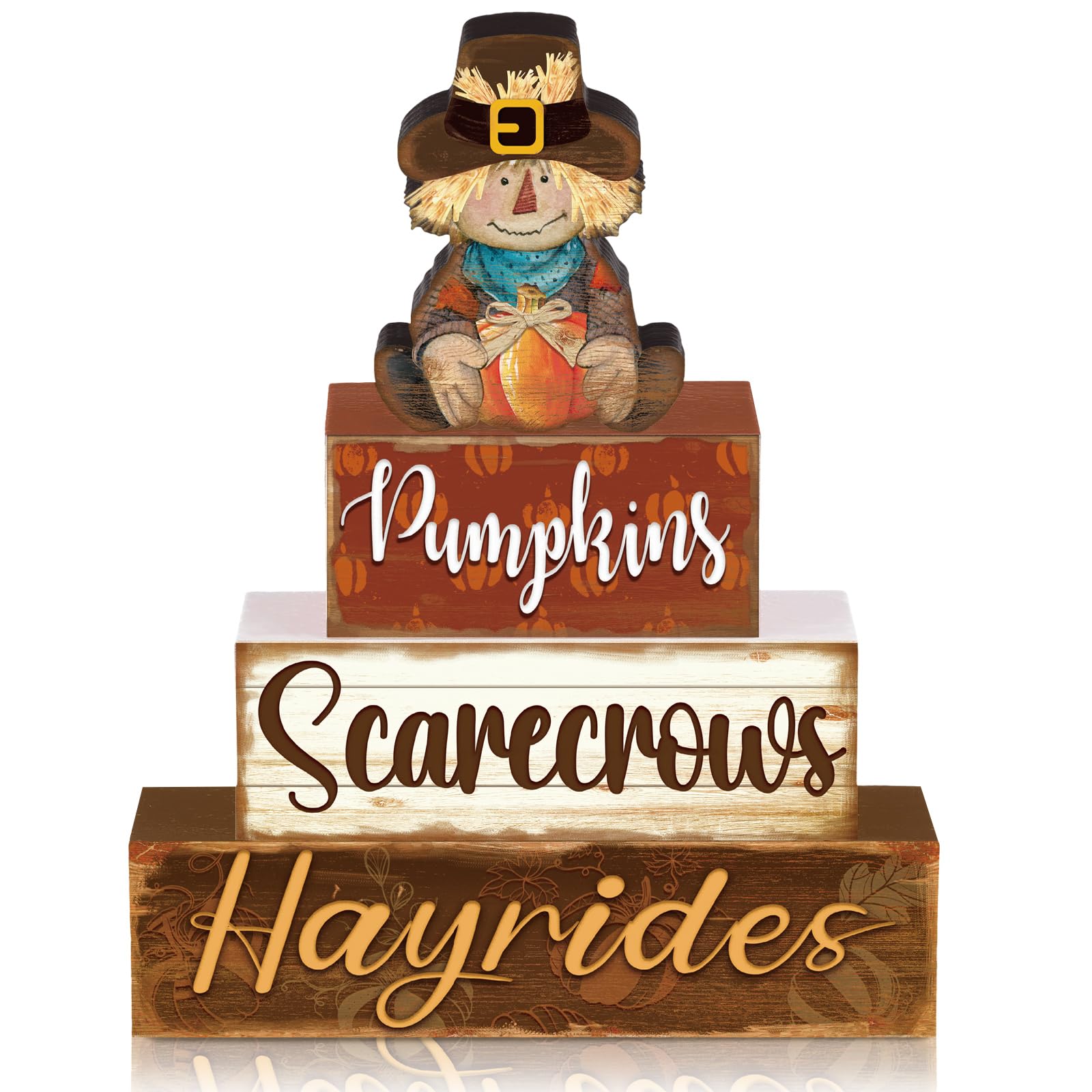 4 Pcs Fall Decor for Home Pumpkin Scarecrow Turkey Wooden Signs with Sayings Thanksgiving Fall Tiered Tray Decor Hello Fall Tabl