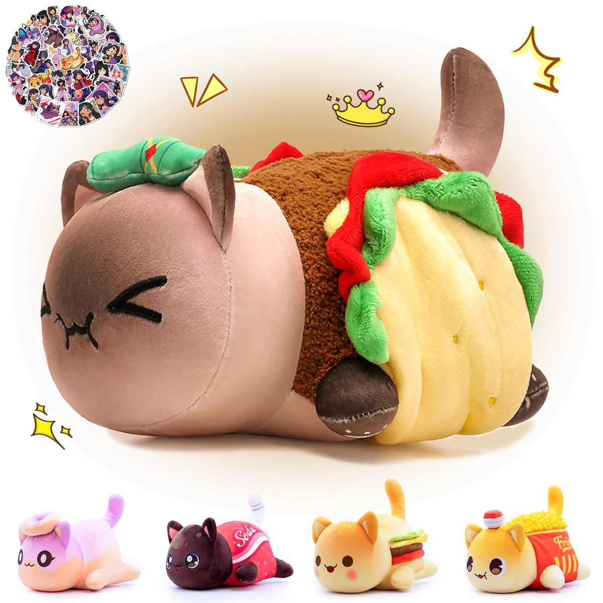 KOWSI 61PCS 11inches Taco Cat Plush + 60Sticker Meemeows Cute Food Cat Plush Collection 100% Polyester Plushie Pillow Embroidere