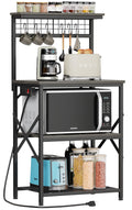 Furologee Kitchen Bakers Rack With Power Outlet, Coffee Bar Station With Storage 4 Tiers, Microwave Oven Stand With 6 S Hooks, Kitchen Storage Shelves Rack For Spices, Pots, Black Oak
