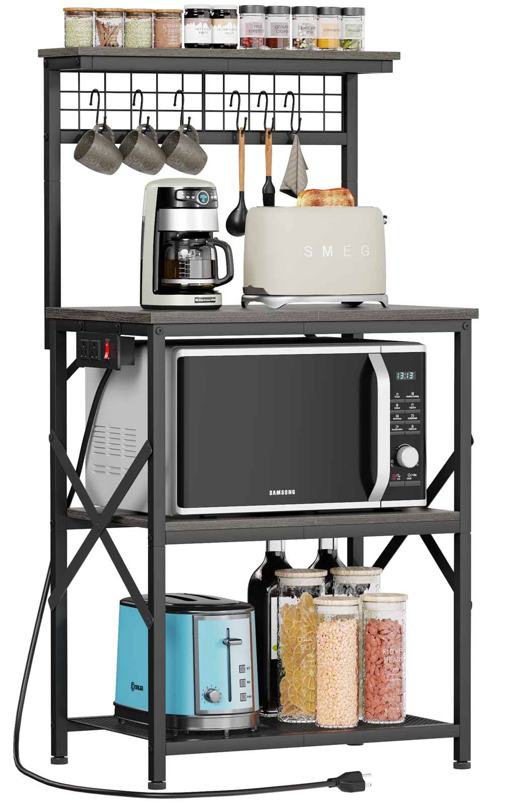 Furologee Kitchen Bakers Rack With Power Outlet, Coffee Bar Station With Storage 4 Tiers, Microwave Oven Stand With 6 S Hooks, Kitchen Storage Shelves Rack For Spices, Pots, Black Oak