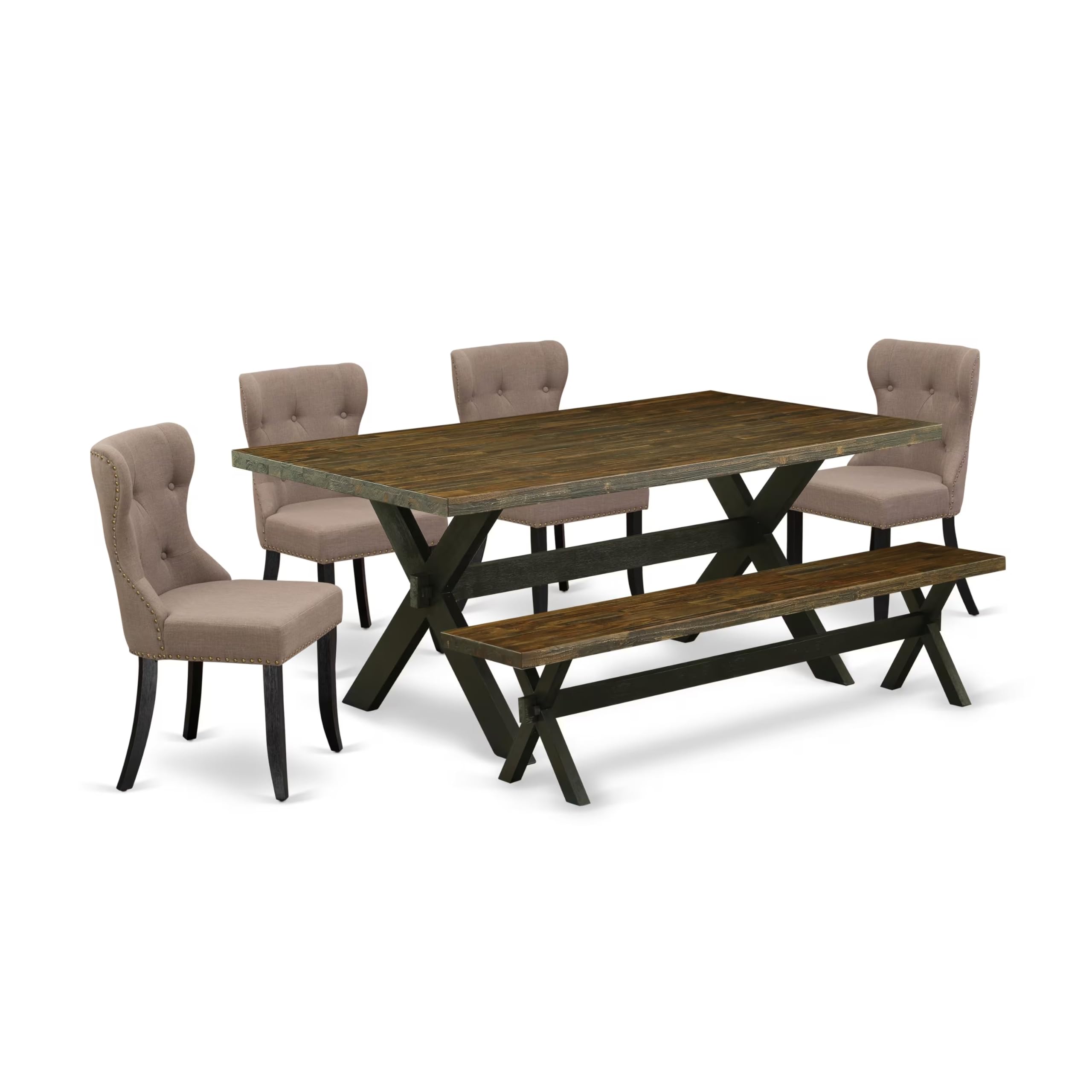 East West Furniture X677Si648-6 6 Piece Dining Table Set Contains A Rectangle Dining Room Table With X-Legs And 4 Coffee Linen Fabric Parson Chairs With A Bench, 40X72 Inch, Multi-Color