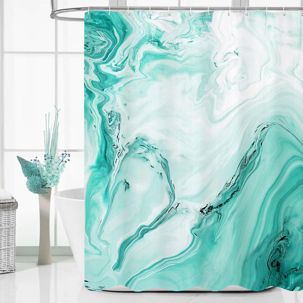 MitoVilla Teal Blue Marble Shower Curtain, Abstract Ombre Fabric Shower Curtains for Modern Bathroom Decor, Turquoise Green Luxu
