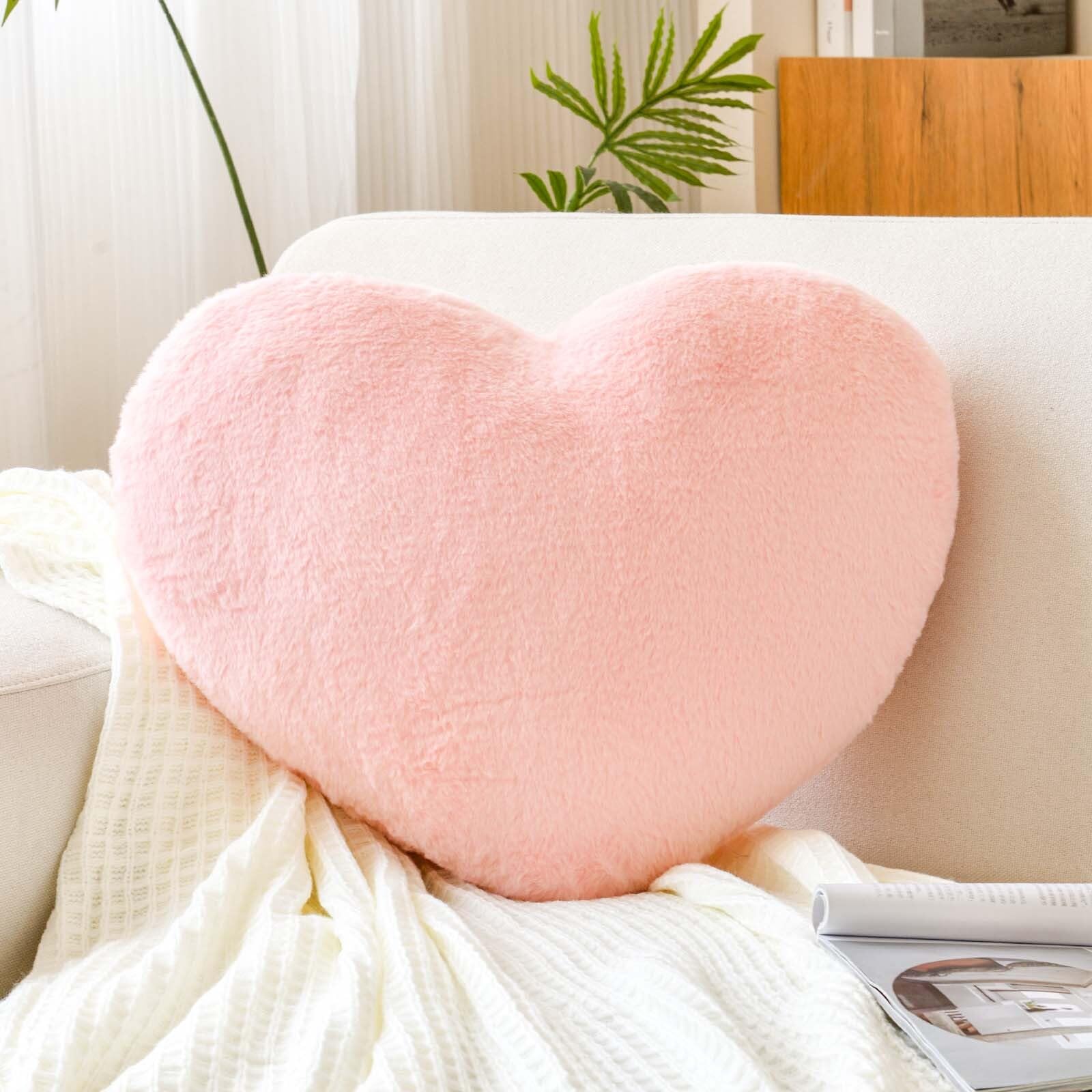 Xvtru Pink Heart Pillows, Cute Heart Decorative Pillow, Heart Shaped Throw Pillows For Bed, Faux Rabbit Fur Plush Hoom Decor Pil