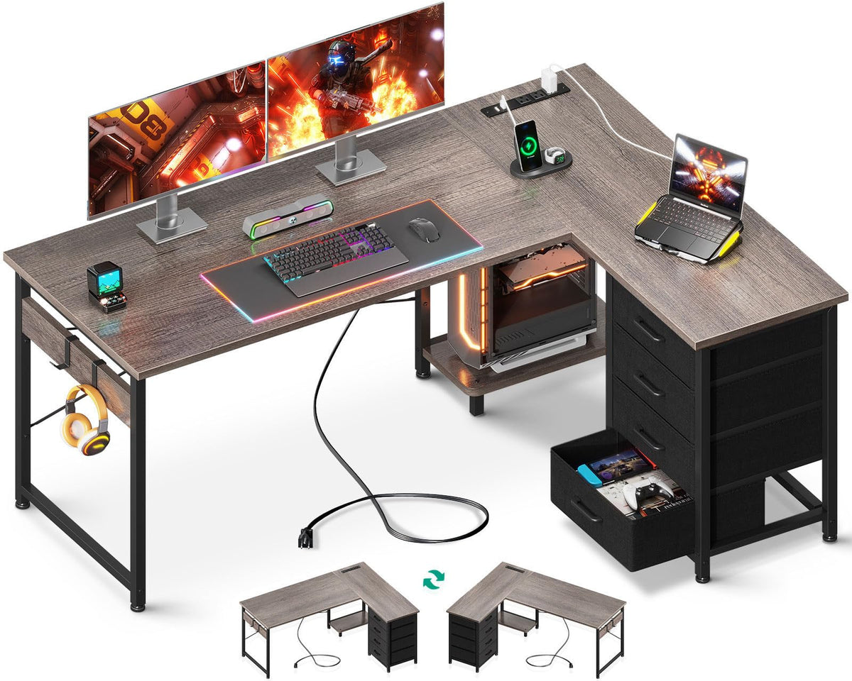 Aodk L Shaped Desk With 4 Tier Drawers, 53' Reversible Gaming Desk With Power Outlets, L Shaped Computer Desk With Usb Charging Port And Host Stand, Home Office Corner Desk, Easy To Assemble, Grey Oak