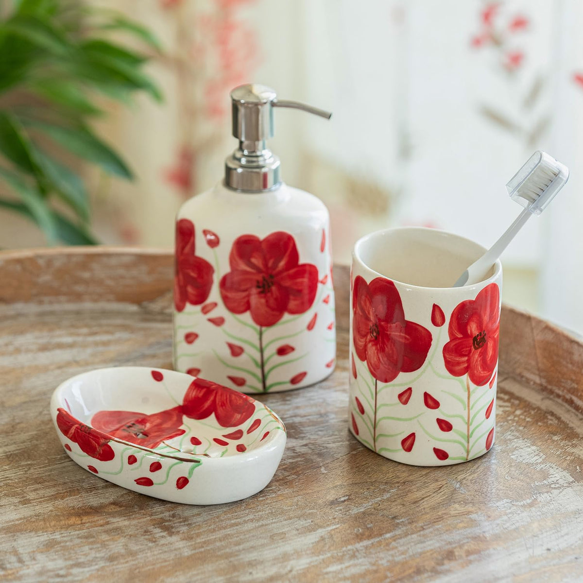 ExclusiveLane Scarlet Bloom Ceramic Soap Dispenser Set for Bathroom Wash Basin Bathroom Accessories Set of 3 (Liquid Soap Disp