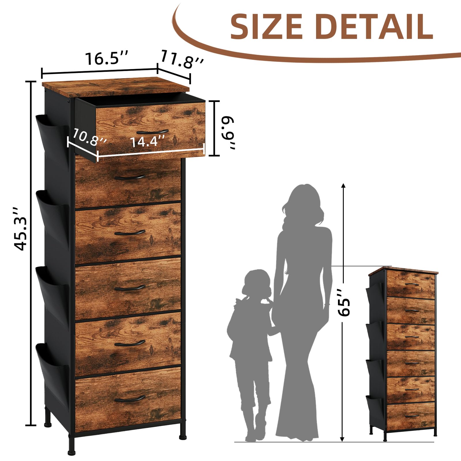 Somdot Tall Dresser For Bedroom With 6 Drawers And Side Pockets, Storage Organizer Chest Of Drawers With Fabric Bins For Closet Bedside Nursery Living Room Entryway Hallway, Wood Grain Print