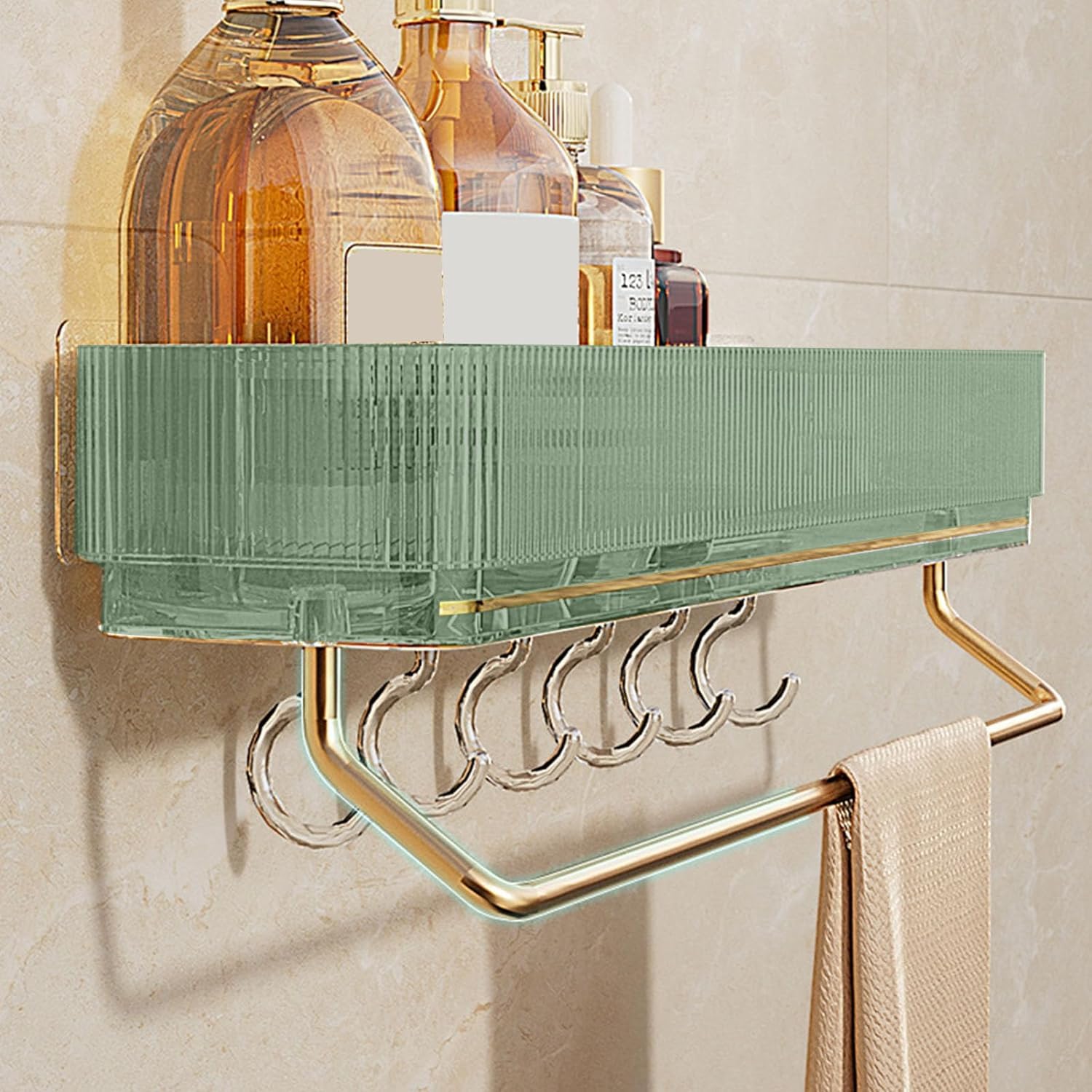 Calyrex Bathroom Shelf For Wall, Multifunctional Bathroom Shelf With Towel Holder Rod & 8 Hooks, Green Ideal Bathroom And Kitche