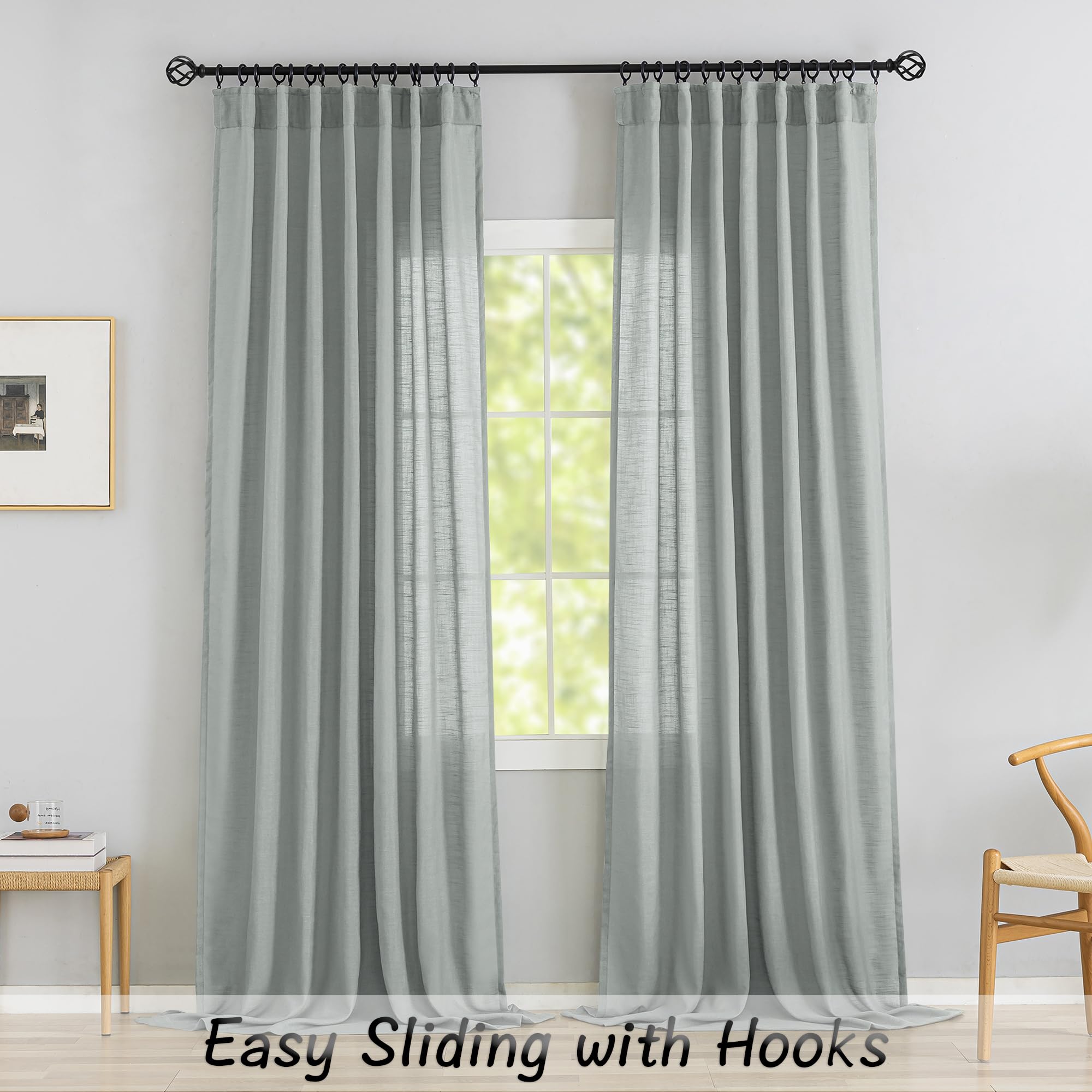Light Grey Linen Back Tab Curtains 84 Inches Long For Living Room - 1 Pair Hook Belt Pleated Drapes Light Filtering Neutral Modern Farmhouse Boho Privacy Non See Through Bedroom Curtains Light Gray
