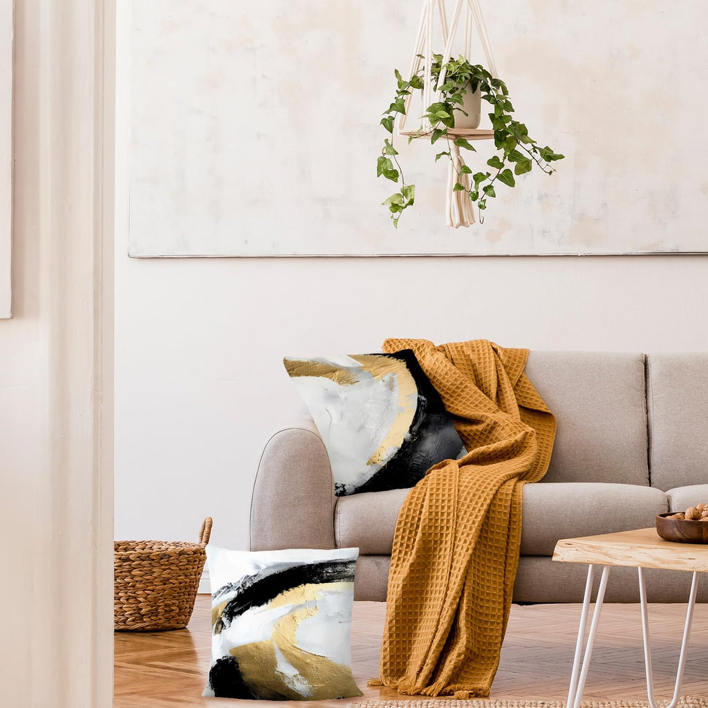 Supwhd Abstract Black White And Gold Pillow Covers 18X18 Set Of 2 - Modern Pillow Covers, Modern Home Decor, Black And Gold Deco