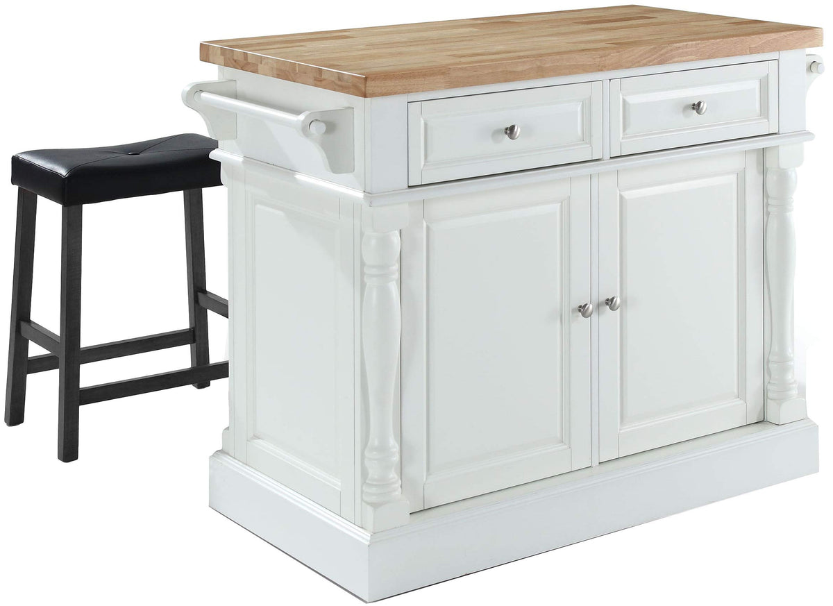 Crosley Furniture Oxford Butcher Block Kitchen Island, Coffee Bar, with a Set of 2 Upholstered Saddle Stools, White/Black