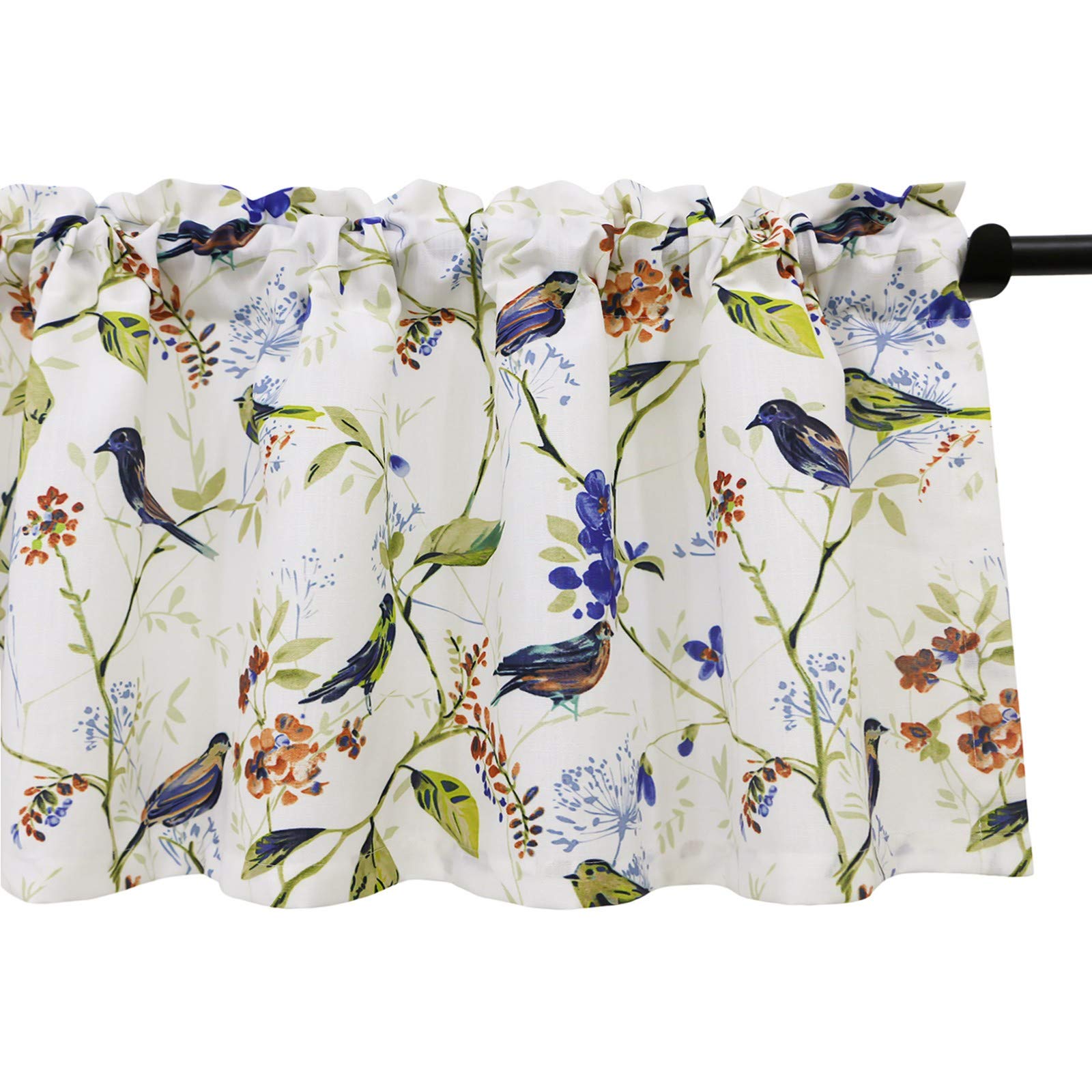 Vogol Birds Printed Kitchen Valance Curtains, Country Style Linen Textured Drapes For Living Room, Easy Care Window Treatment Fo
