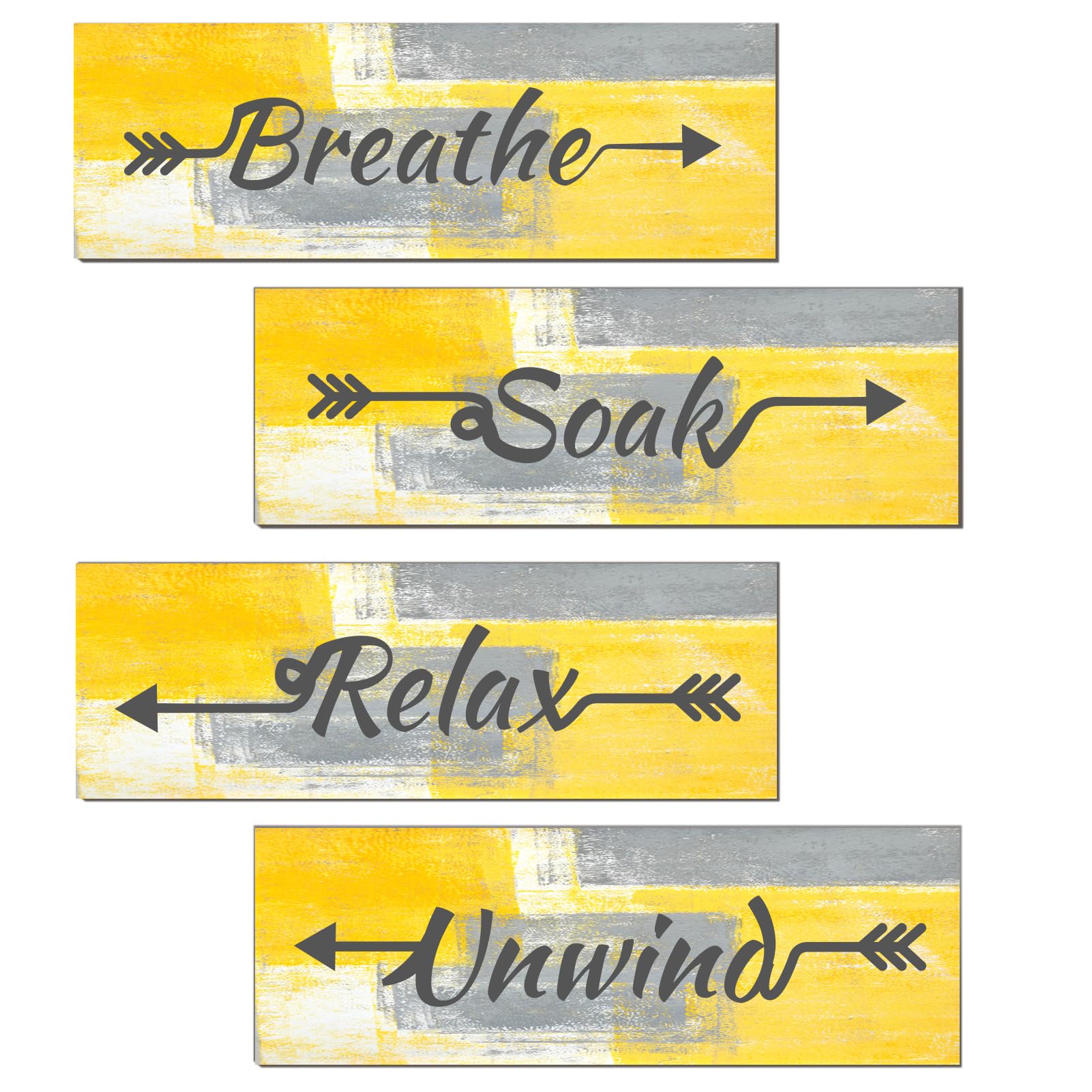 Lnond 4 Pieces Yellow and Grey Abstract Bathroom Wall Art, Relax Soak Unwind Breathe Bathroom Signs Decor, Wood Hanging Bathroom