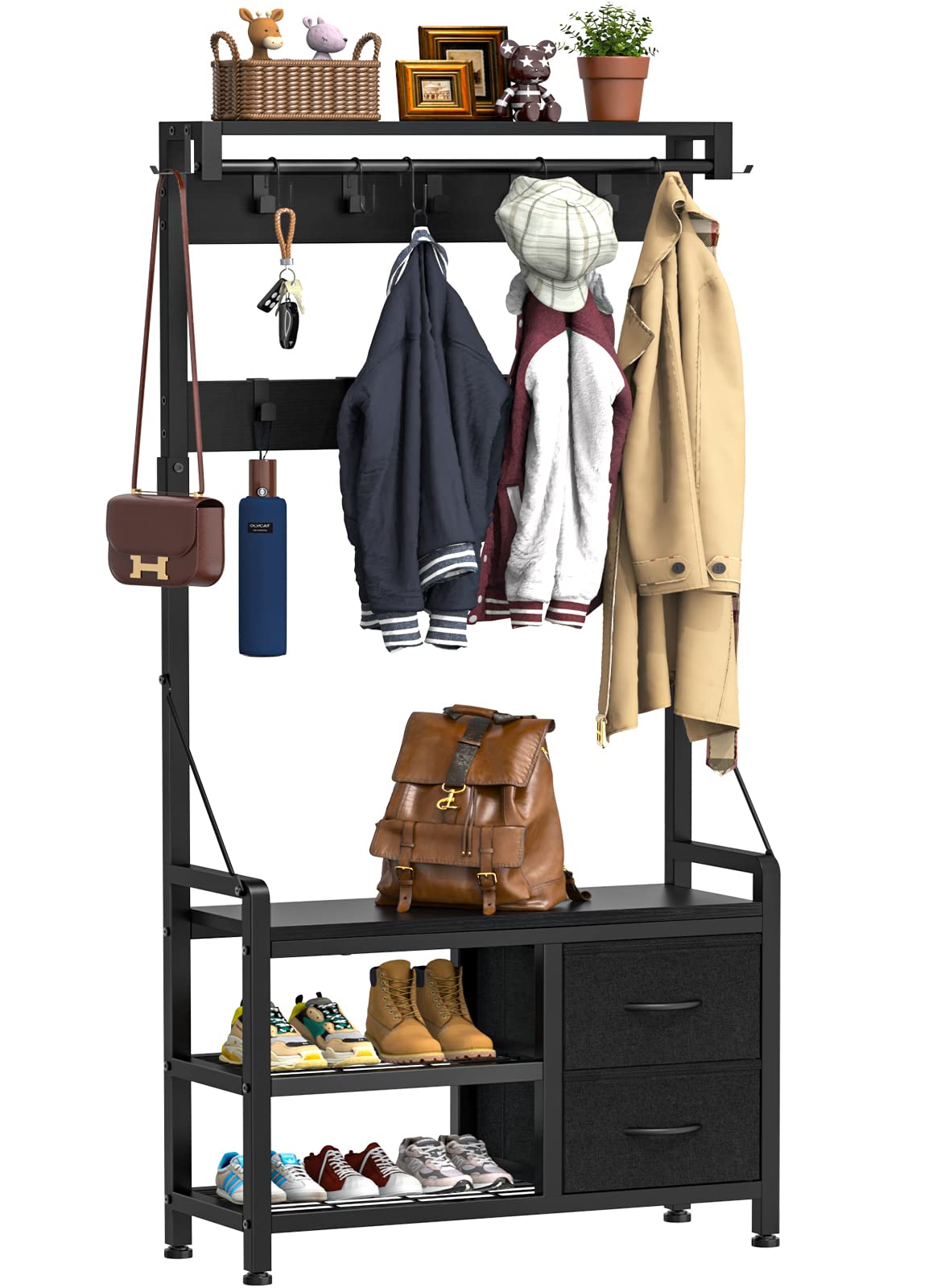Lulive Hall Tree, 31.5” Entryway Bench With Coat Rack Freestanding, 5 In 1 Intelligent Design Shoe Bench And Wall Rack 17 Hooks And Drawers (Black)