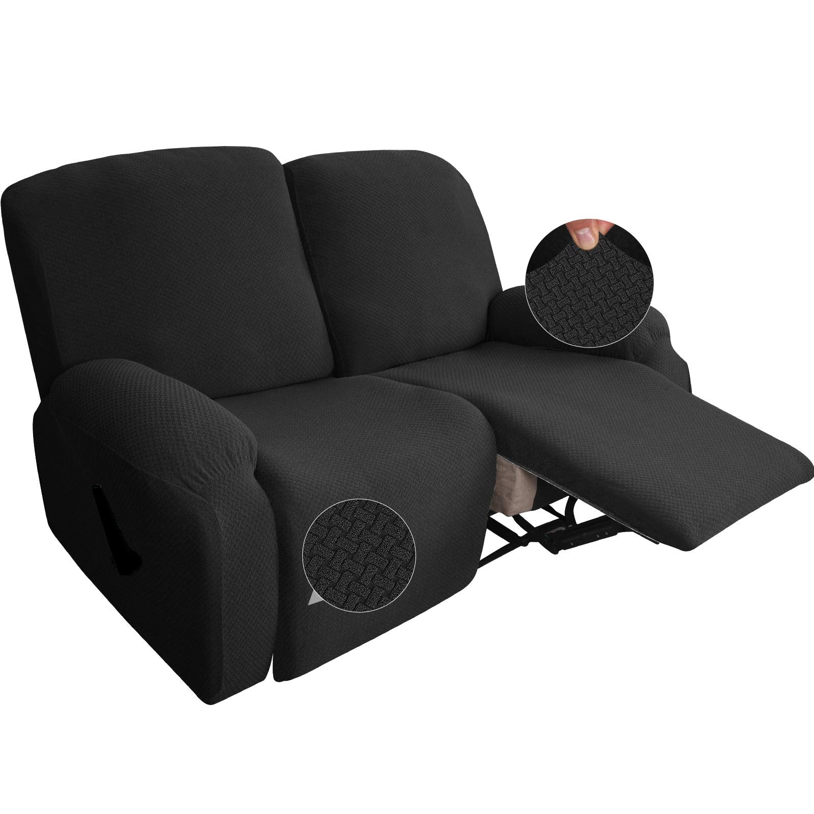 Jiviner Newest Design 6-Piece Recliner Chair Covers Stretch Jacquard Chair Covers For Recliner Recliner Slipcovers For Living Room Soft Recliner Protector With Pocket (Loveseat Recliner, Black)