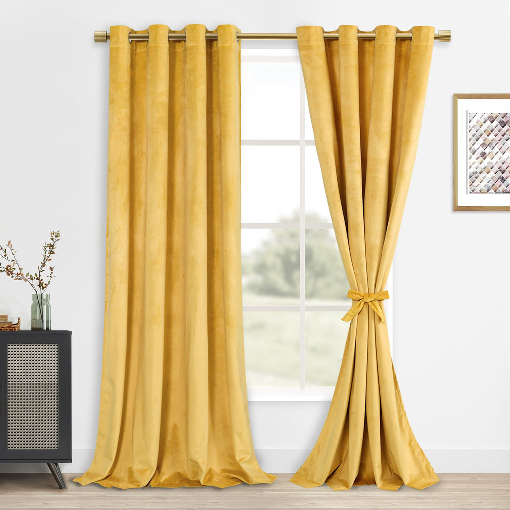 DWCN Velvet Curtains 84 Inches Long - Yellow Room Darkening Privacy Protect Window Treatments with Tiebacks Thick Grommet Tieabl