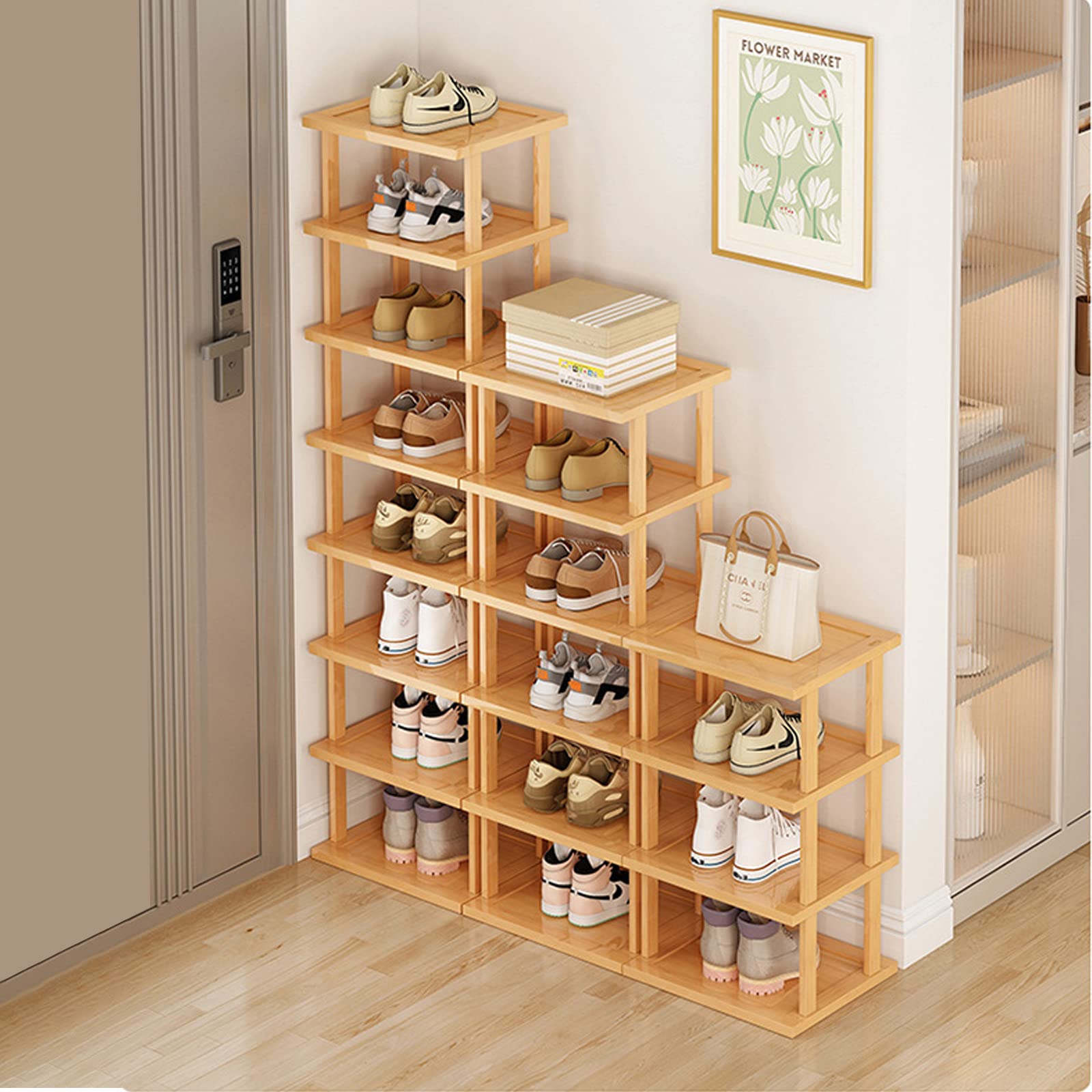 Bamboo Shoe Rack 17 Tier- Vertical Shoe Rack for Small Spaces, Tall Narrow Shoe Rack Organizer for Closet Entryway Corner Garage