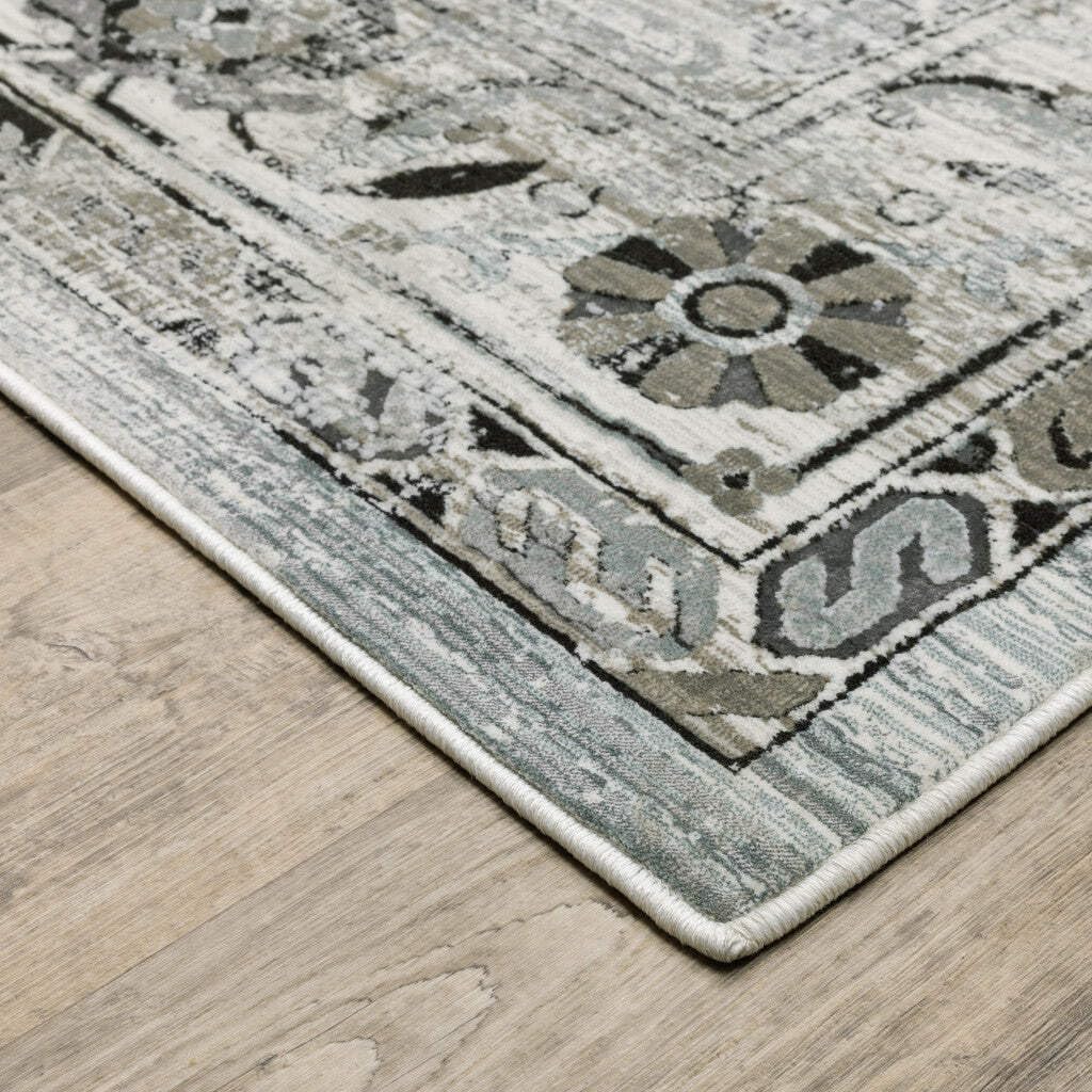 HomeRoots 508927 10 x 13 ft. Ivory Gray Charcoal Blue & Taupe Oriental Power Loom Stain Resistant Rectangle Area Rug, Rectangular