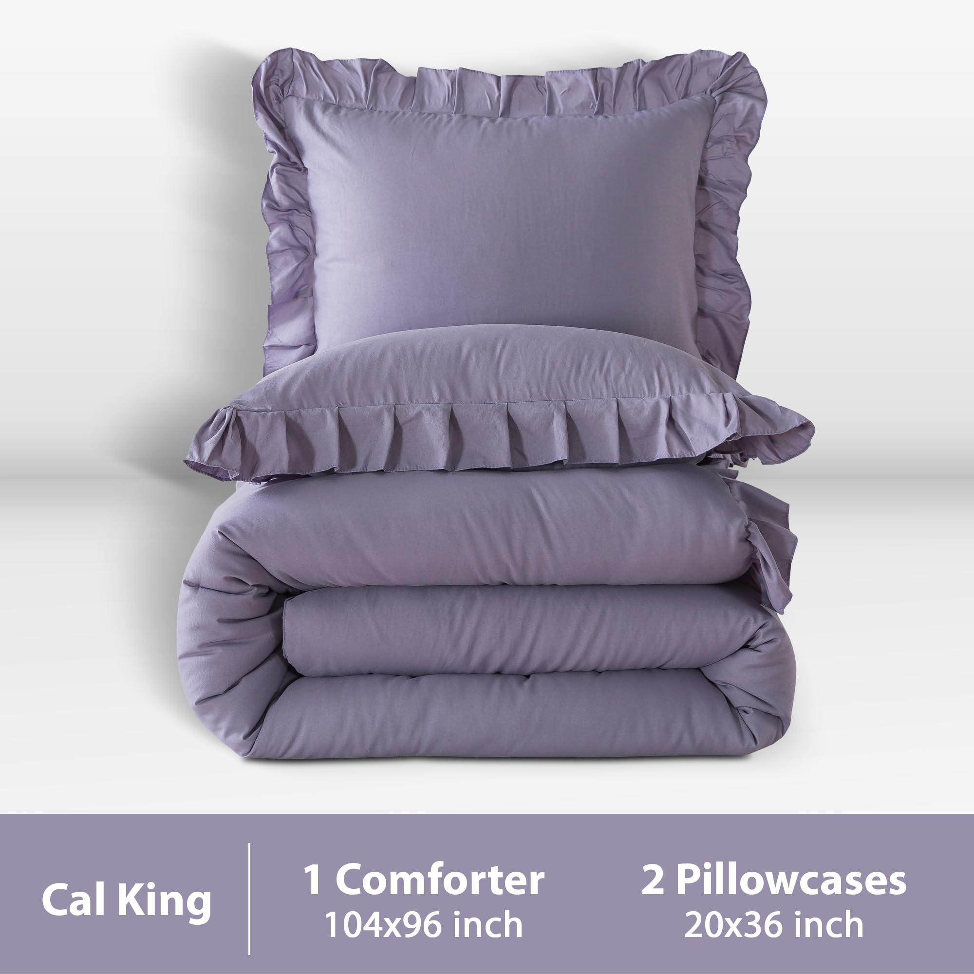 Andency Grayish Purple California King Comforter Set, 3 Pieces Cal King Ruffle Purple Comforter, Lightweight Oversized Farmhouse Shabby Chic Soft Microfiber Bedding Comforter Set (104X96Inch)