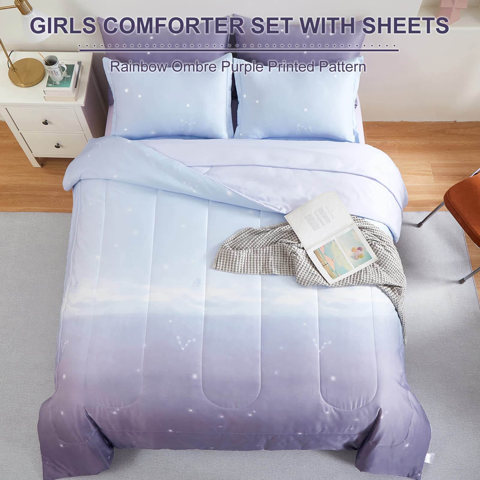 Girls Comforter Set Twin Size 6 Pieces Colorful Ombre Purple Rainbow Bedding Set Bed In A Bag For Kids Teen Girls (1 Comforter,
