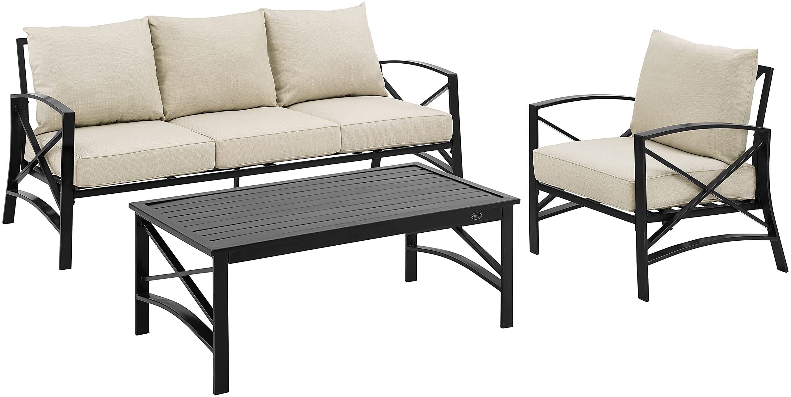 Crosley Furniture Kaplan 3-Piece Outdoor Sofa Patio Furniture Set, Conversation Sets For Porch, Deck, Oiled Bronze With Oatmeal Cushions