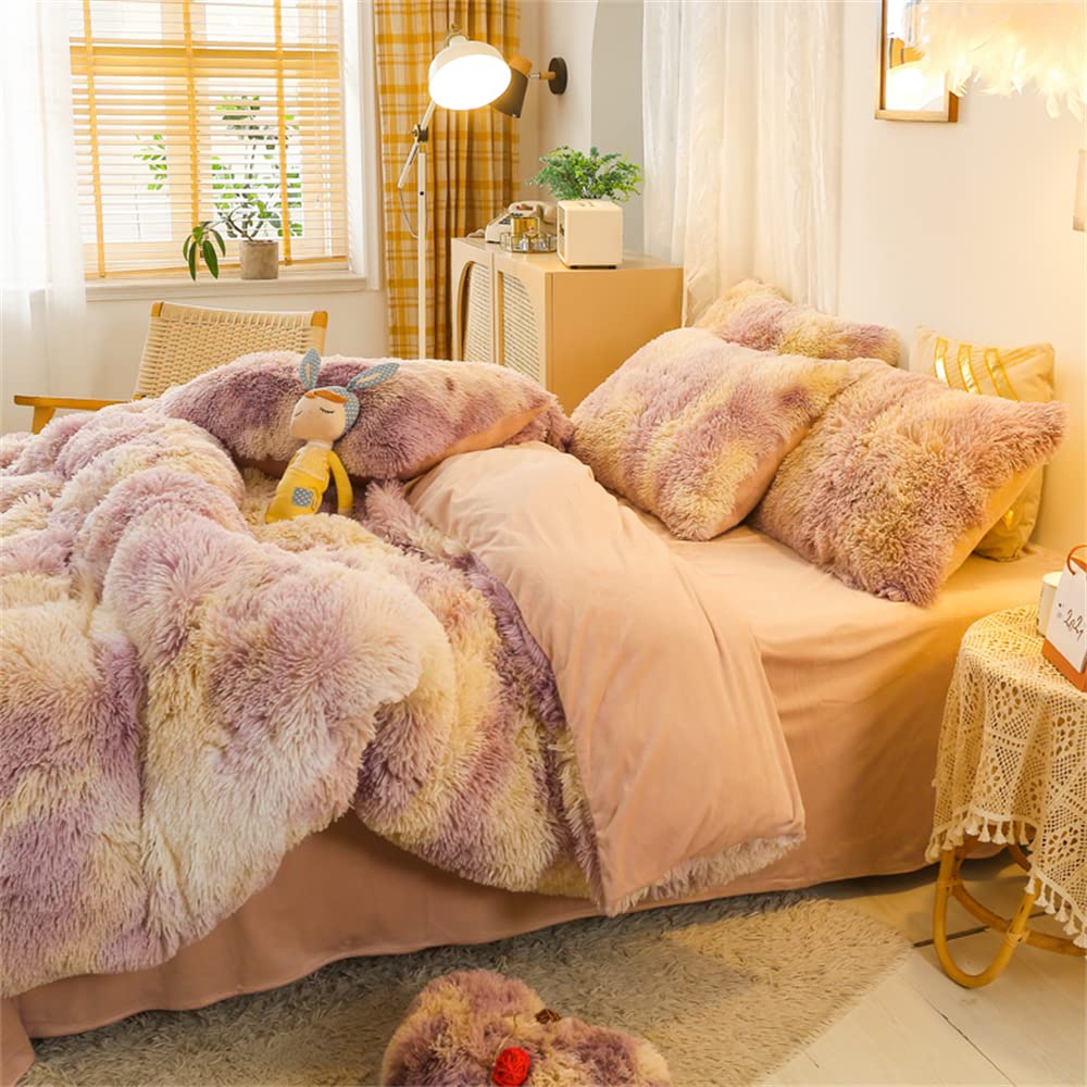 Chovy Faux Fur Plush Tie-Dyed Purple White Orange Comforter Sets Twin/Full Size - Ultra Soft Shaggy Flannel Velvet Fluffy Fuzzy