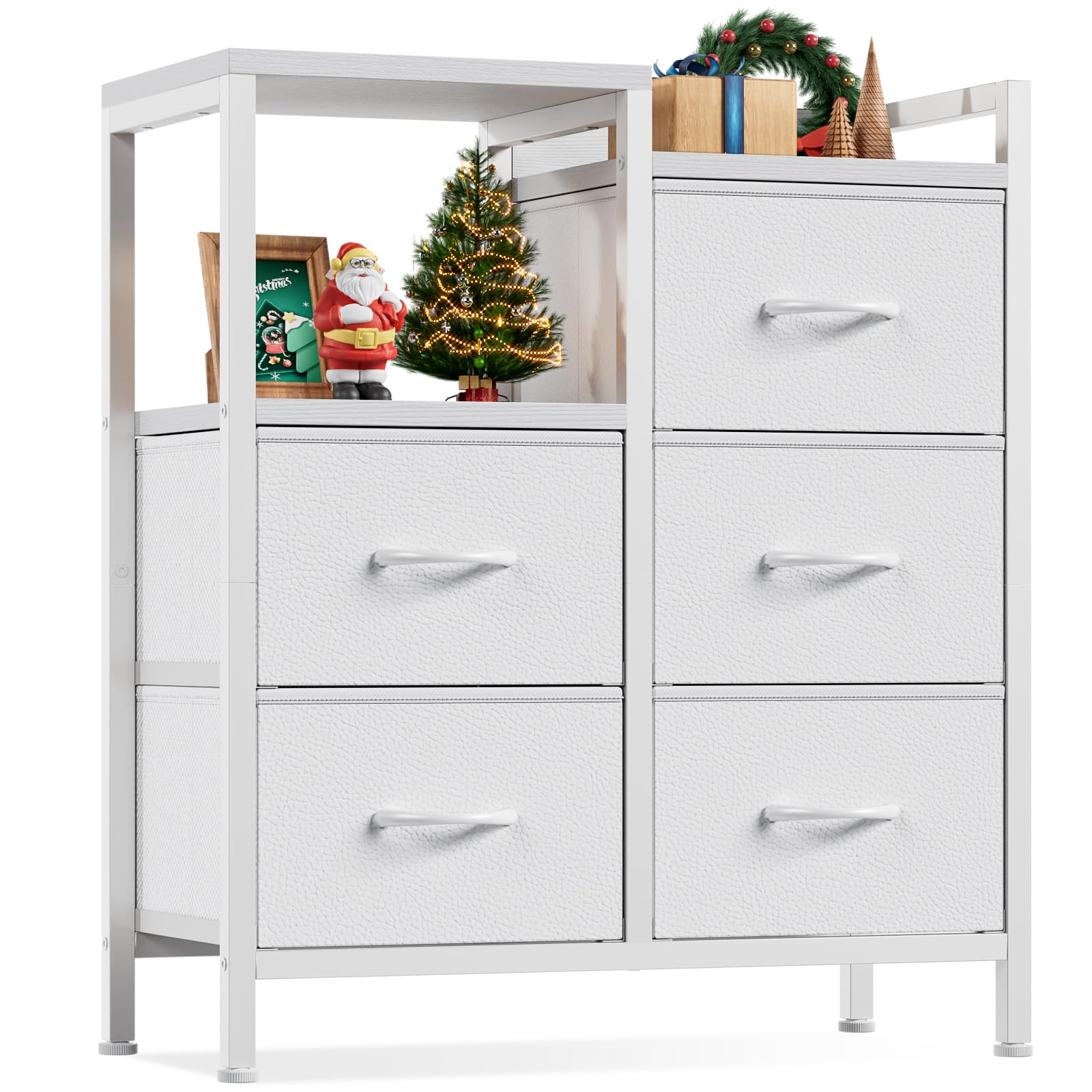 Furnulem 5 Drawer White Dressers For Bedroom 2 Tier Shelf Storage Small Fabric Dresser For Closet Sturdy Metal Frame Modern Style Storage Cabinets Organization Units For Hallway Rooms