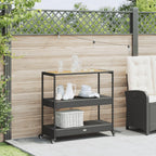 vidaXL Bar Cart 3-Tier Trolley - Black Poly Rattan & Solid Acacia Wood - Indoor/Outdoor Serving Cart with Shelves & Casters - 39.8"x15.7"x39.4"
