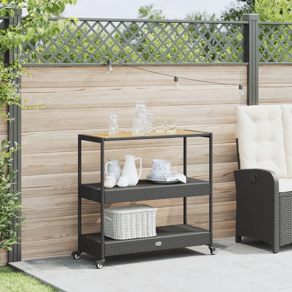vidaXL Bar Cart 3-Tier Trolley - Black Poly Rattan & Solid Acacia Wood - Indoor/Outdoor Serving Cart with Shelves & Casters - 39.8"x15.7"x39.4"