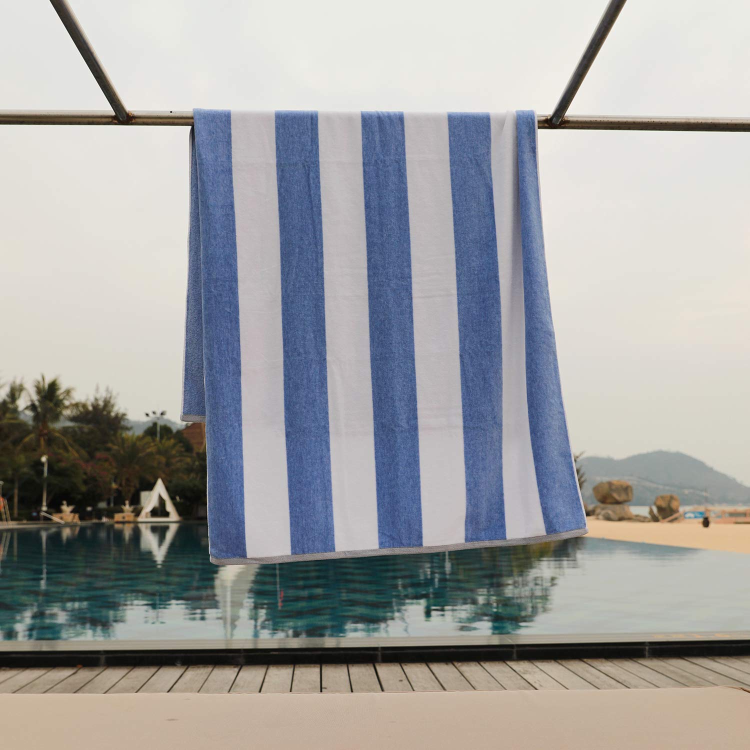 Henbay Cotton Oversized Beach Towel - Large 70 X 35 Inch Pool Towel, Blue Striped Quick Dry Swimming Cabana Towel