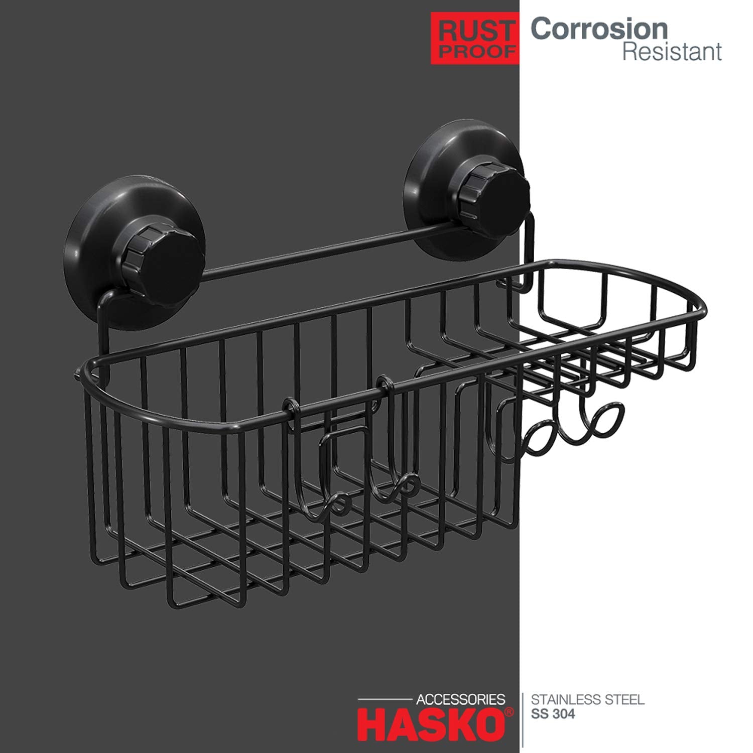 Hasko Accessories Shower Caddy Suction Cup - Wall Mounted Bathroom Shelf With Hooks - Suction Shower Basket - Shower Shelf For B